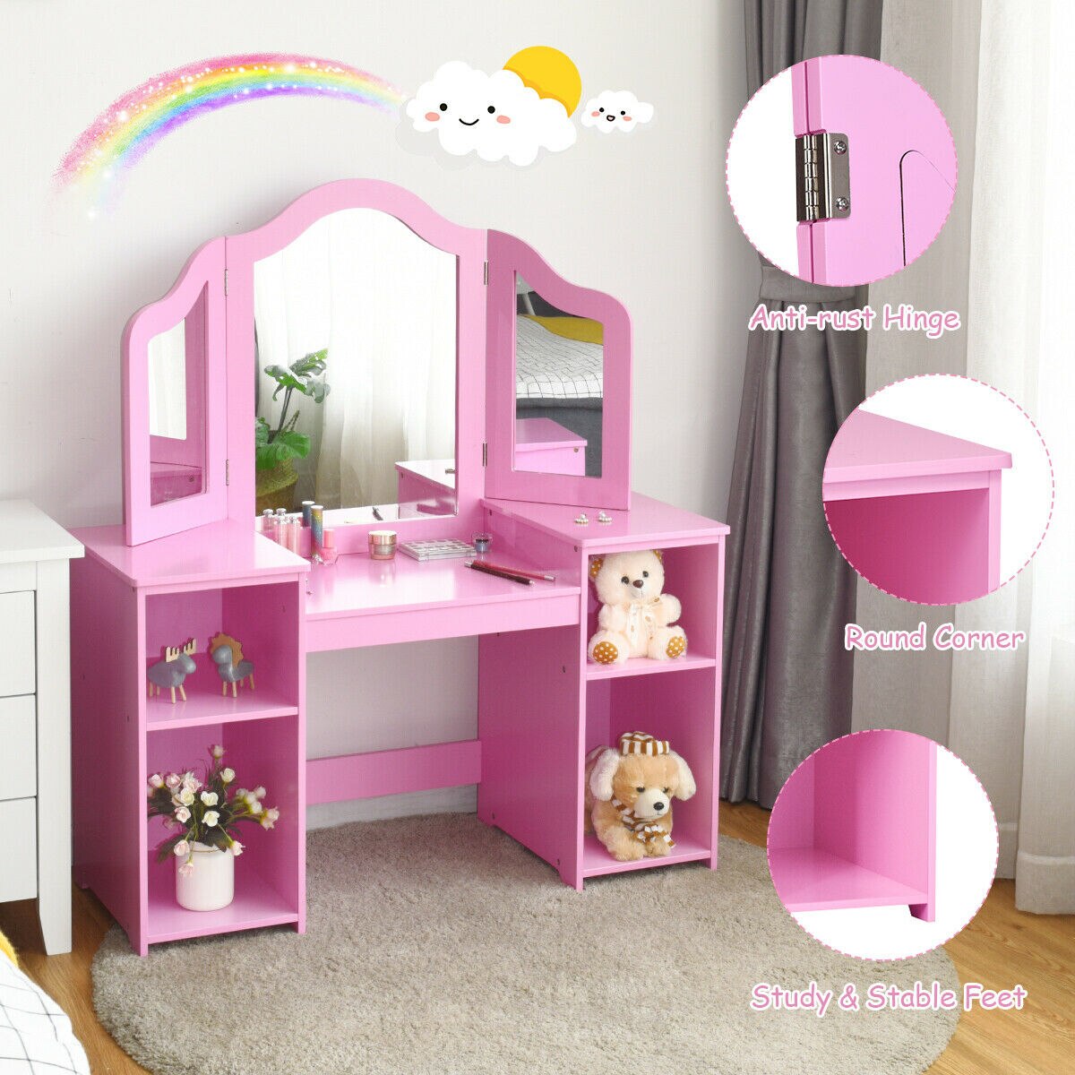 Makeup Dressing Table with Tri-folding Mirror in Pink/White