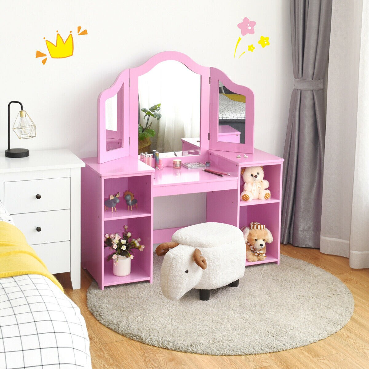 Makeup Dressing Table with Tri-folding Mirror in Pink/White