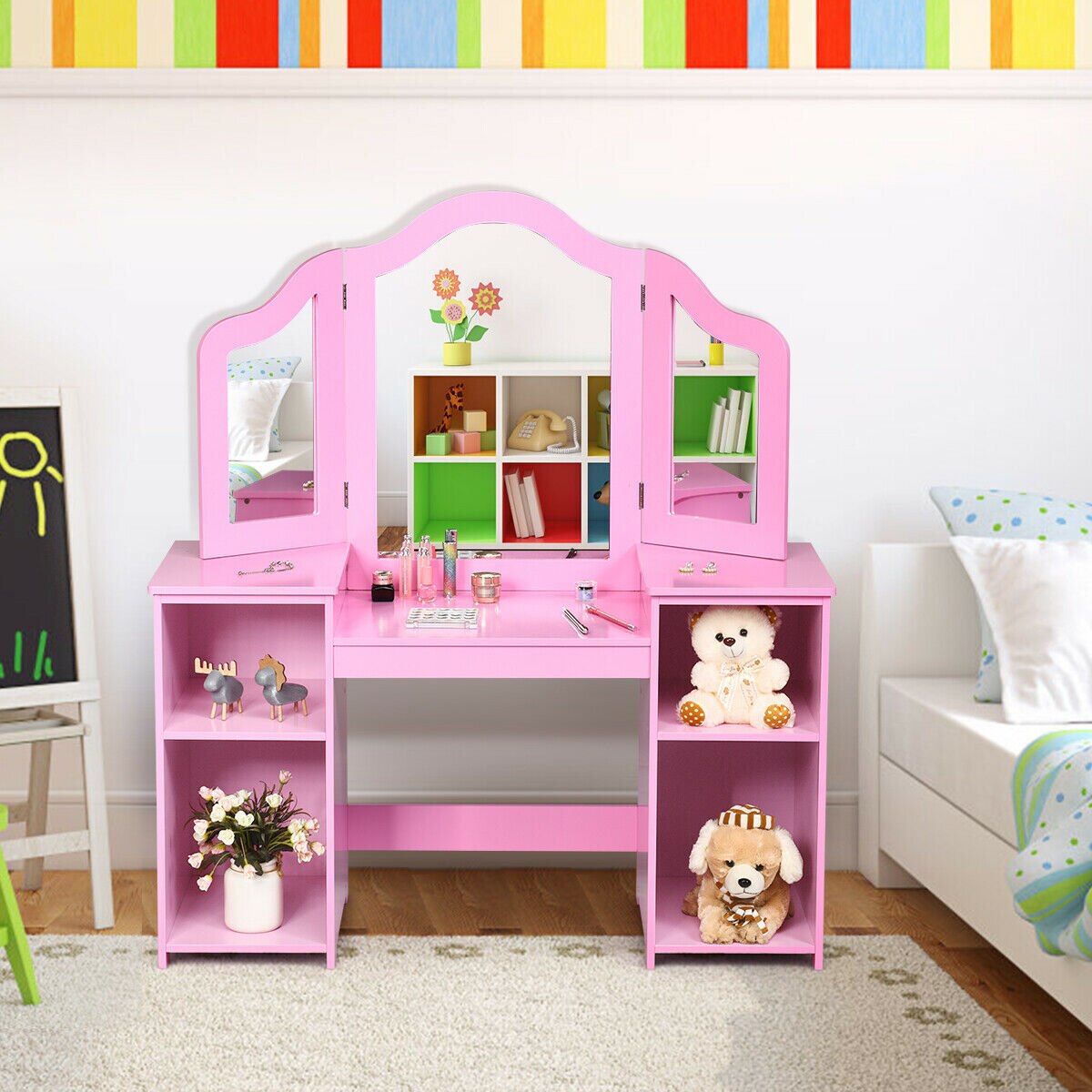 Makeup Dressing Table with Tri-folding Mirror in Pink/White