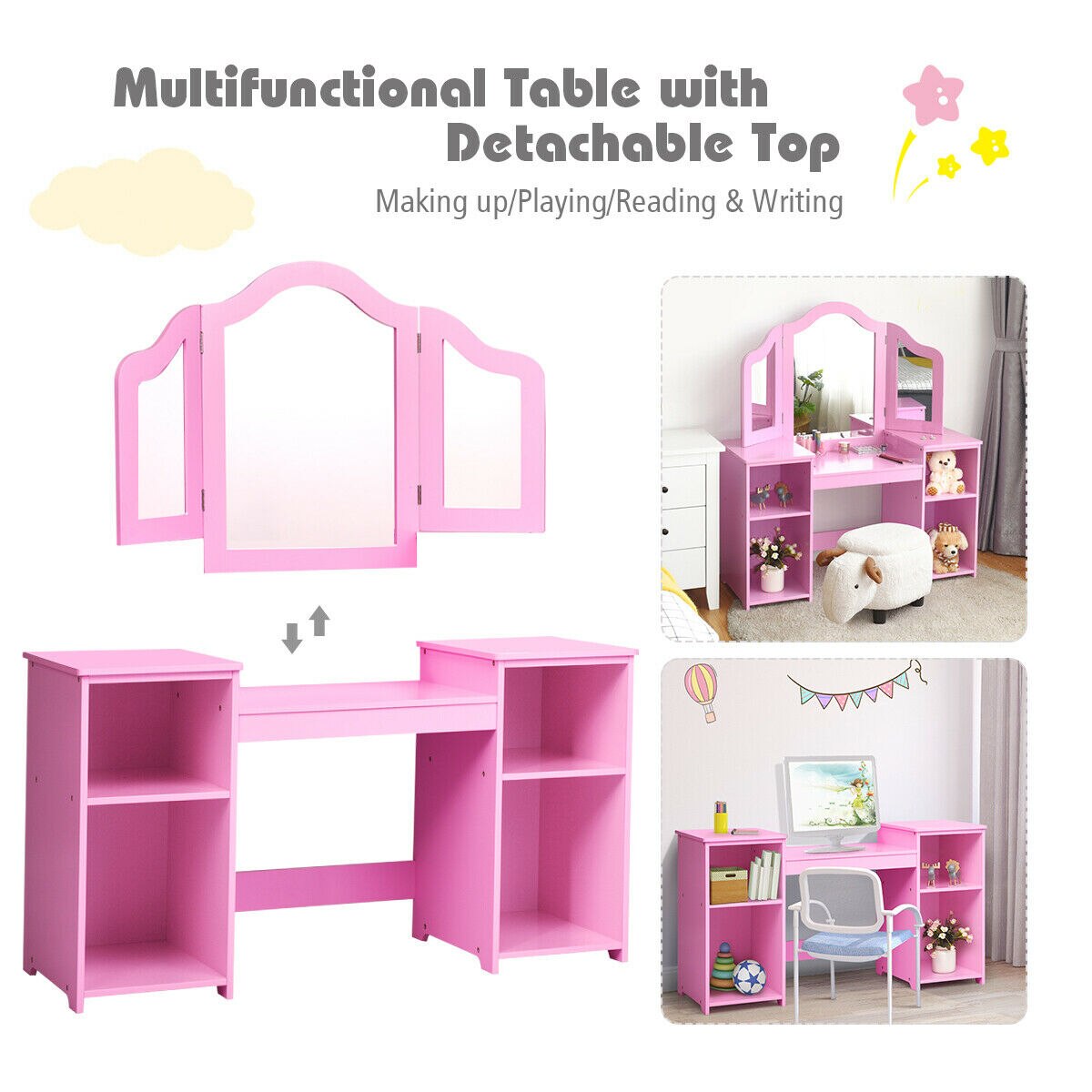 Makeup Dressing Table with Tri-folding Mirror in Pink/White