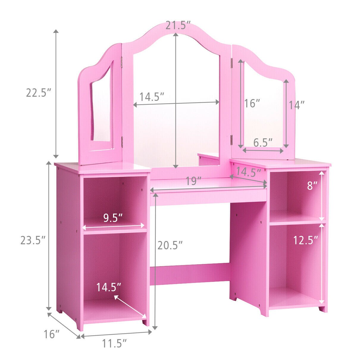 Makeup Dressing Table with Tri-folding Mirror in Pink/White