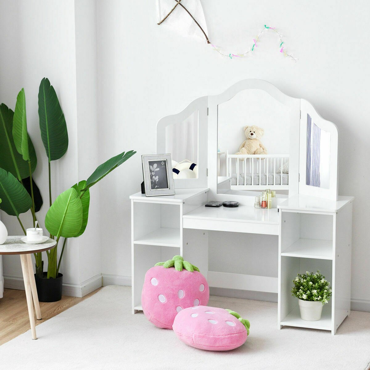 Makeup Dressing Table with Tri-folding Mirror in Pink/White