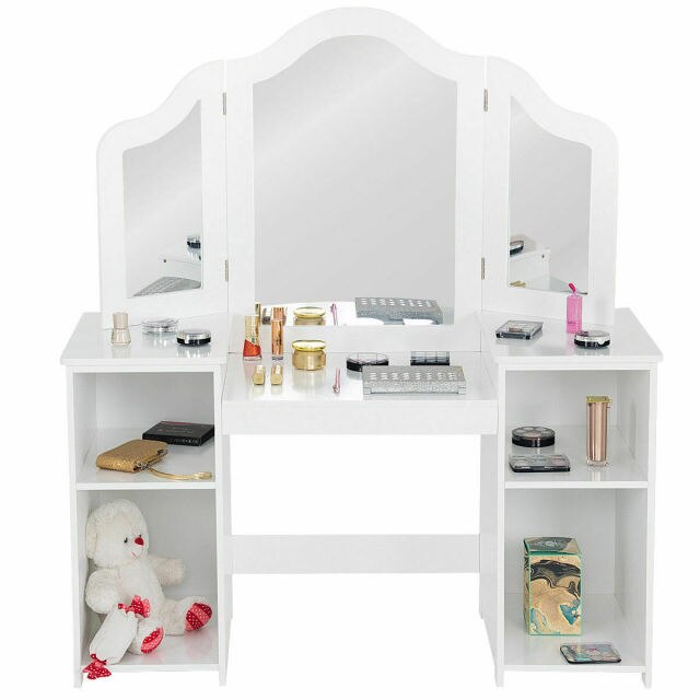 Makeup Dressing Table with Tri-folding Mirror in Pink/White