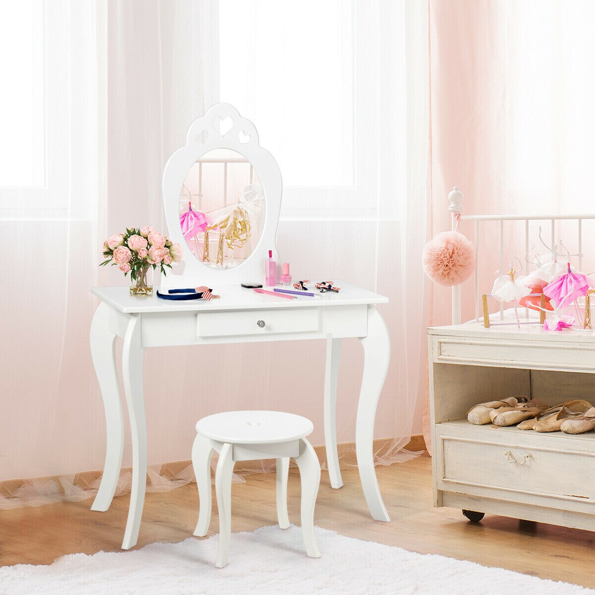 Makeup Dressing Table With Mirror for Girls in White