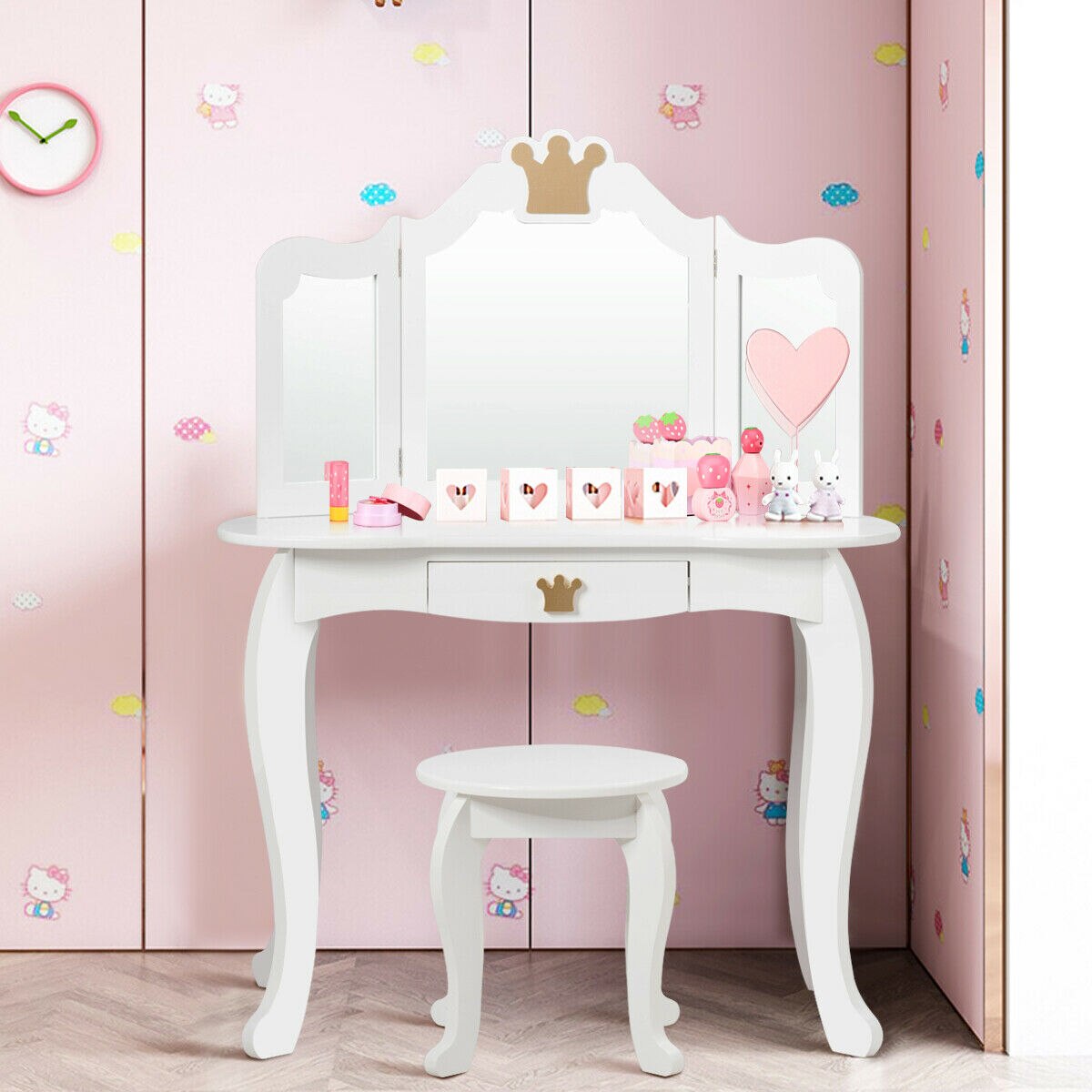 Princess Makeup Dressing Table with Tri-folding Mirror in White