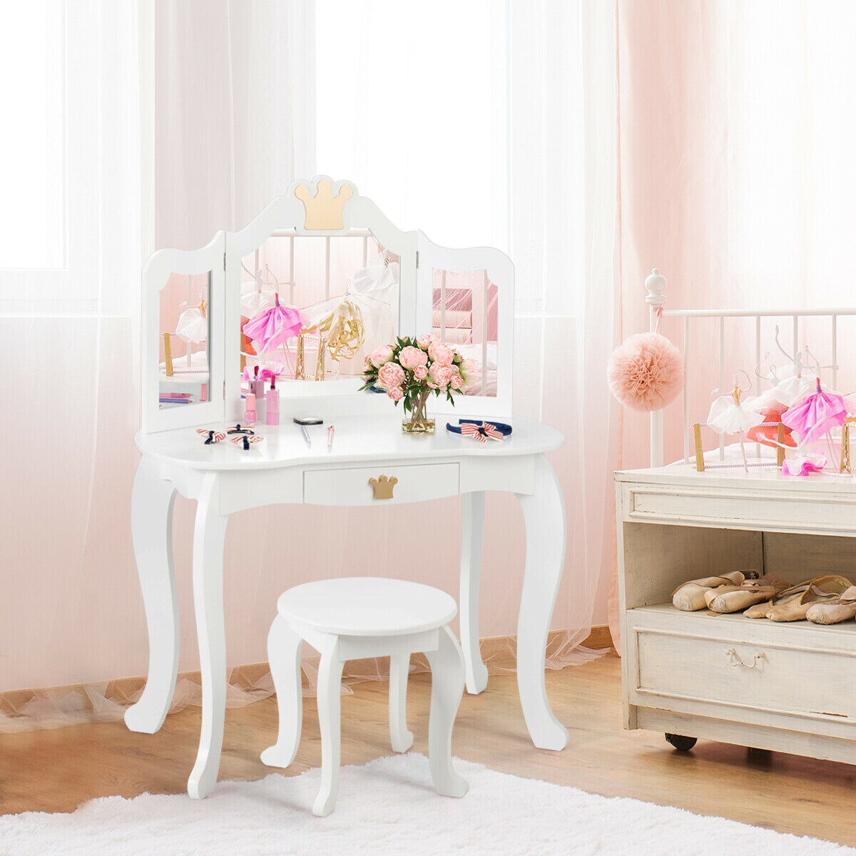 Princess Makeup Dressing Table with Tri-folding Mirror in White