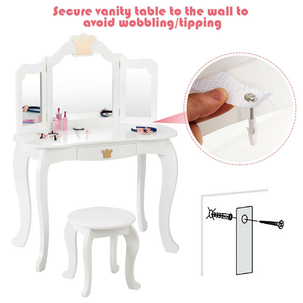 Princess Makeup Dressing Table with Tri-folding Mirror in White