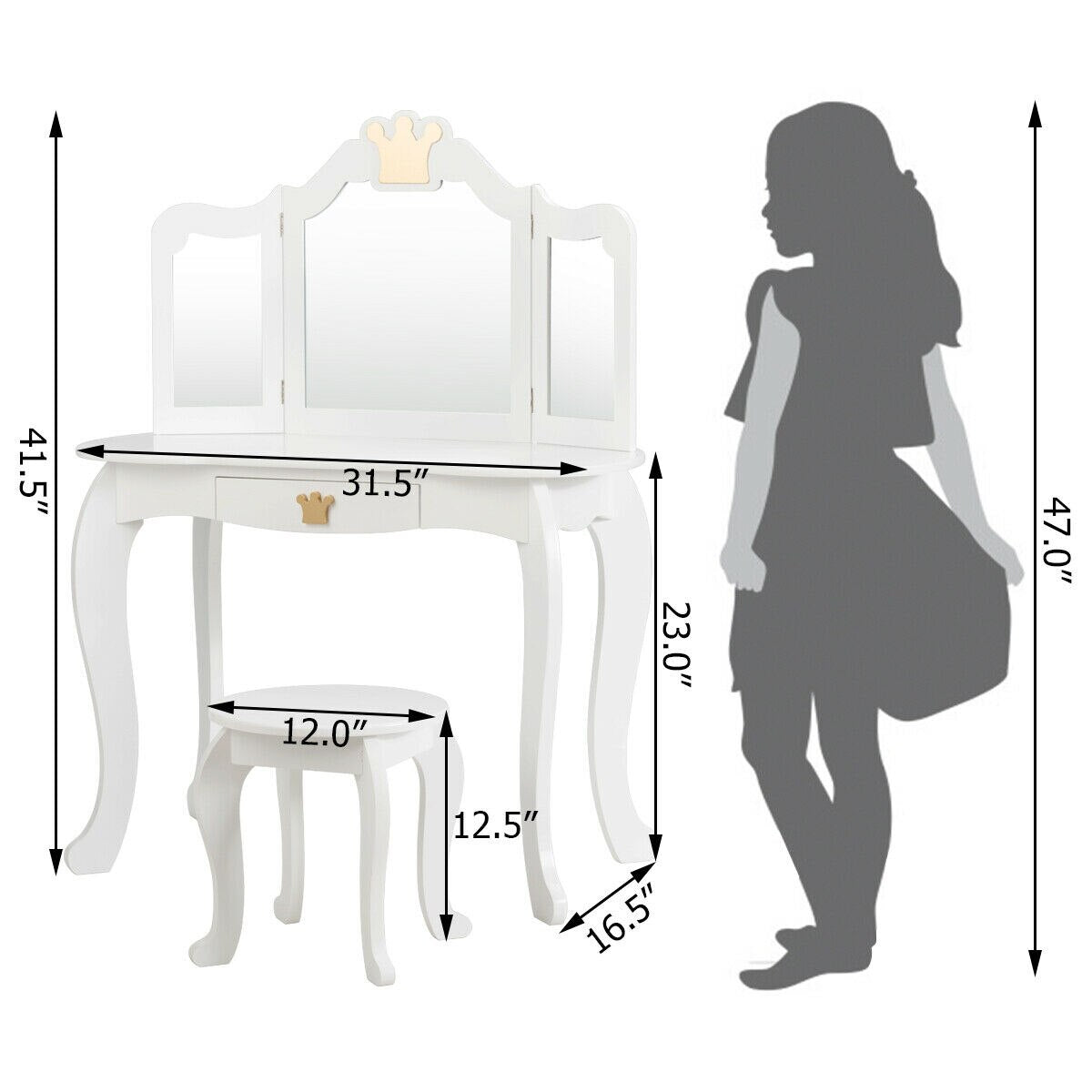 Princess Makeup Dressing Table with Tri-folding Mirror in White