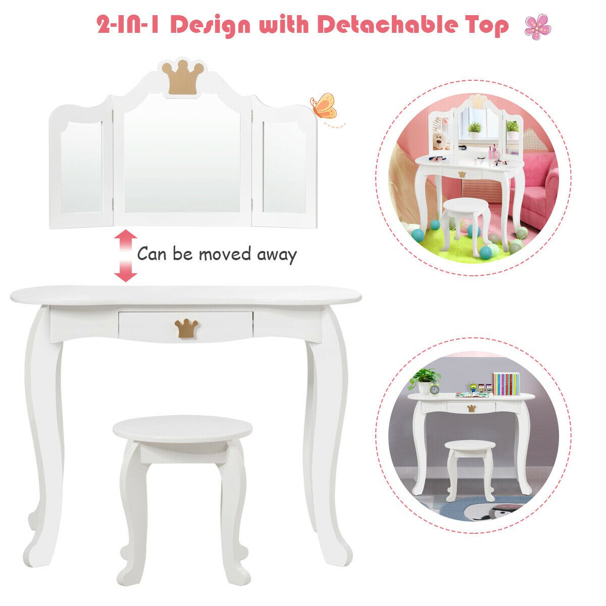 Princess Makeup Dressing Table with Tri-folding Mirror in White