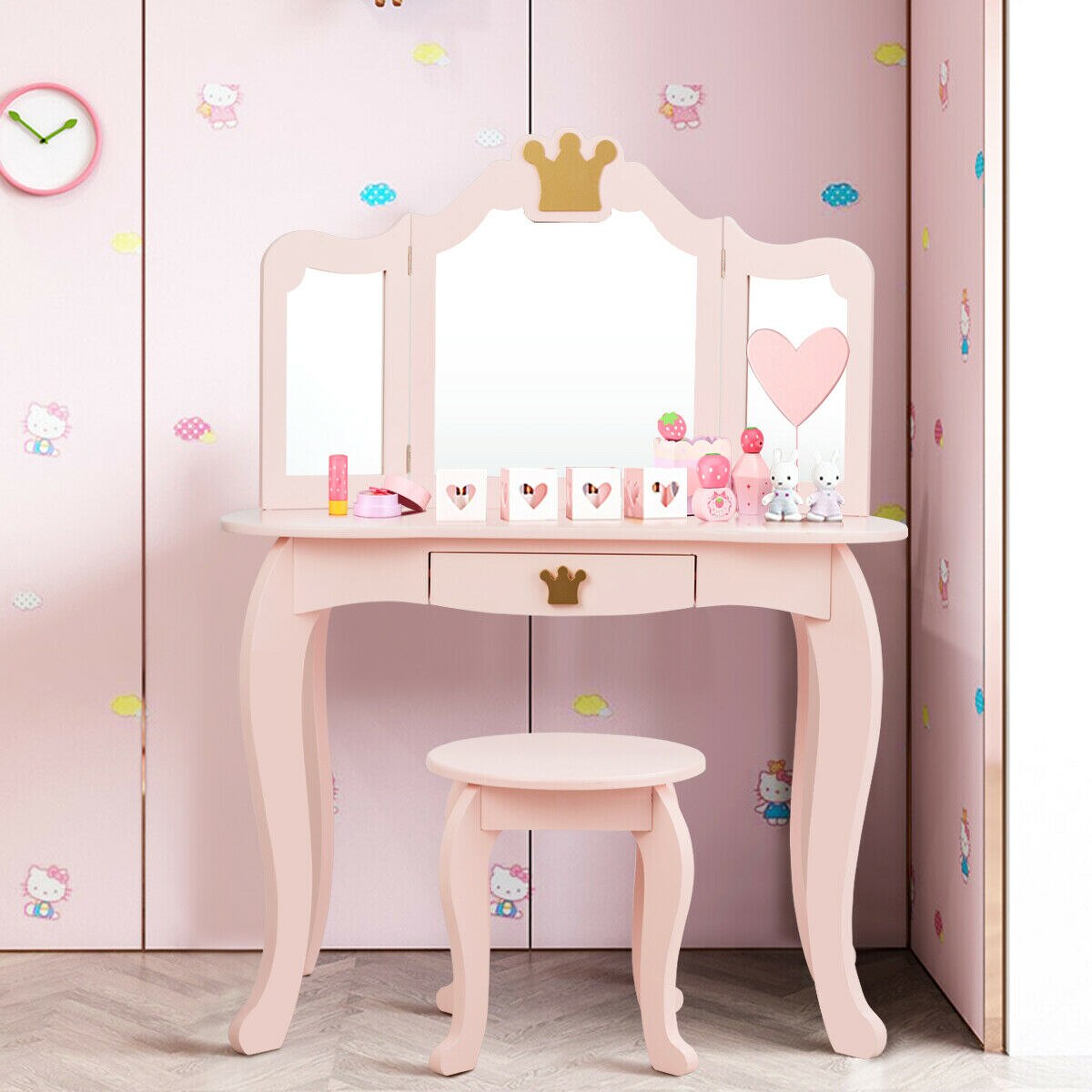 Princess Makeup Dressing Table with Tri-folding Mirror in Pink