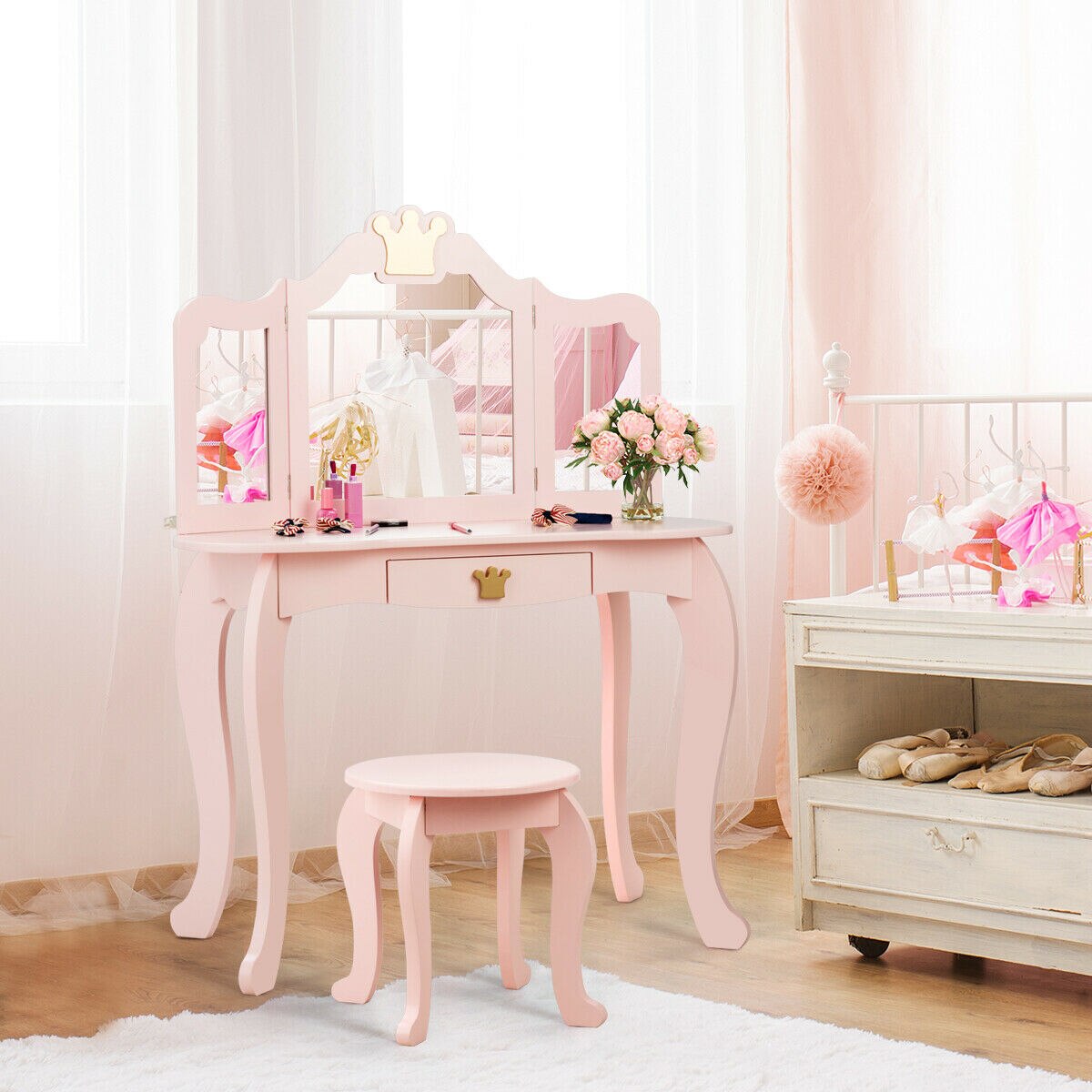 Princess Makeup Dressing Table with Tri-folding Mirror in Pink