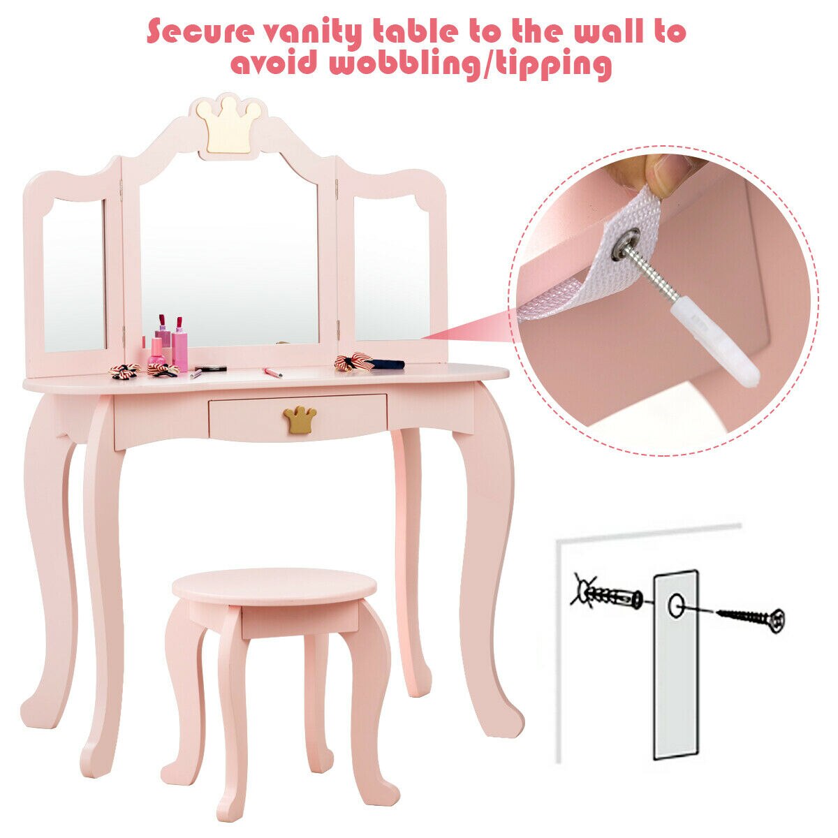 Princess Makeup Dressing Table with Tri-folding Mirror in Pink