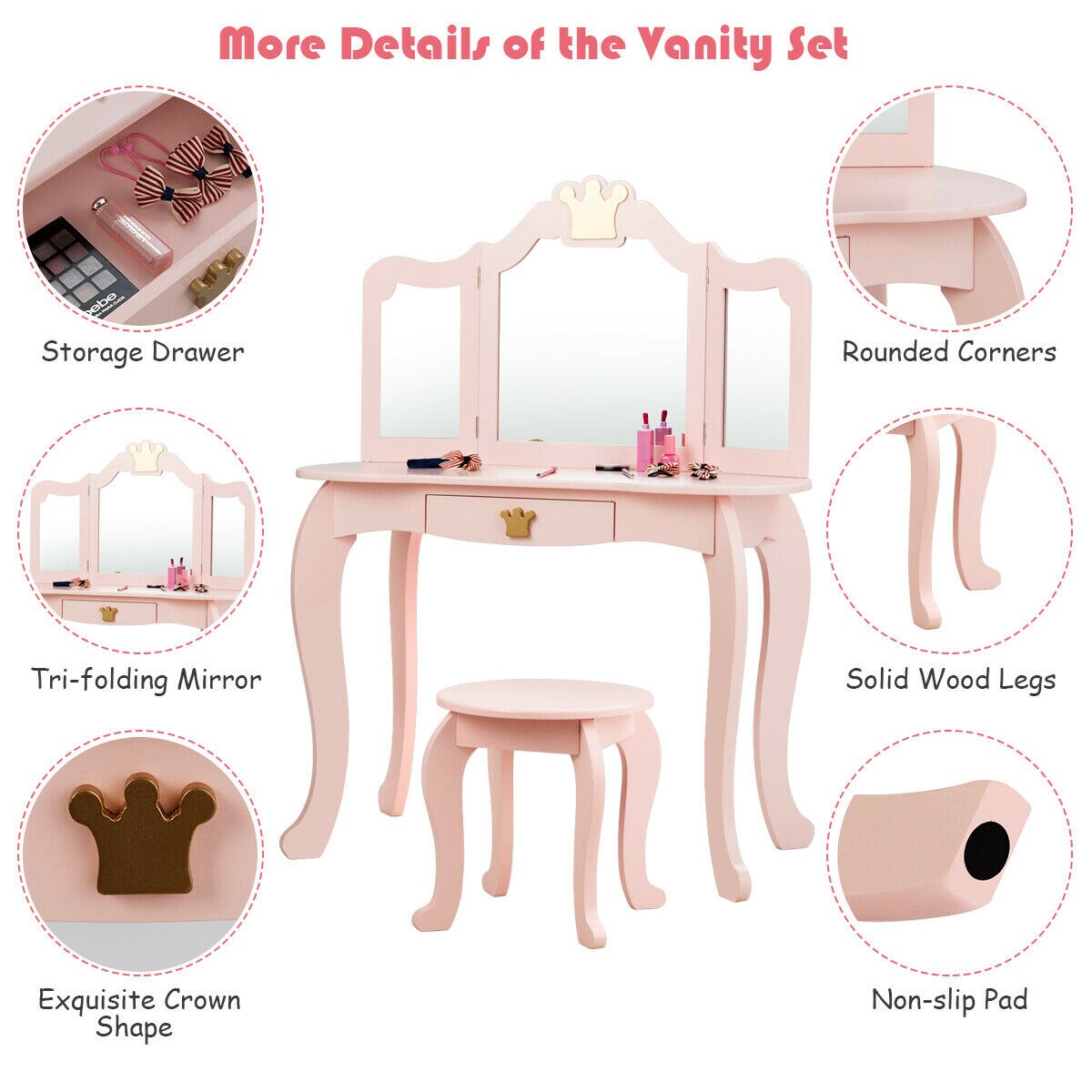 Princess Makeup Dressing Table with Tri-folding Mirror in Pink