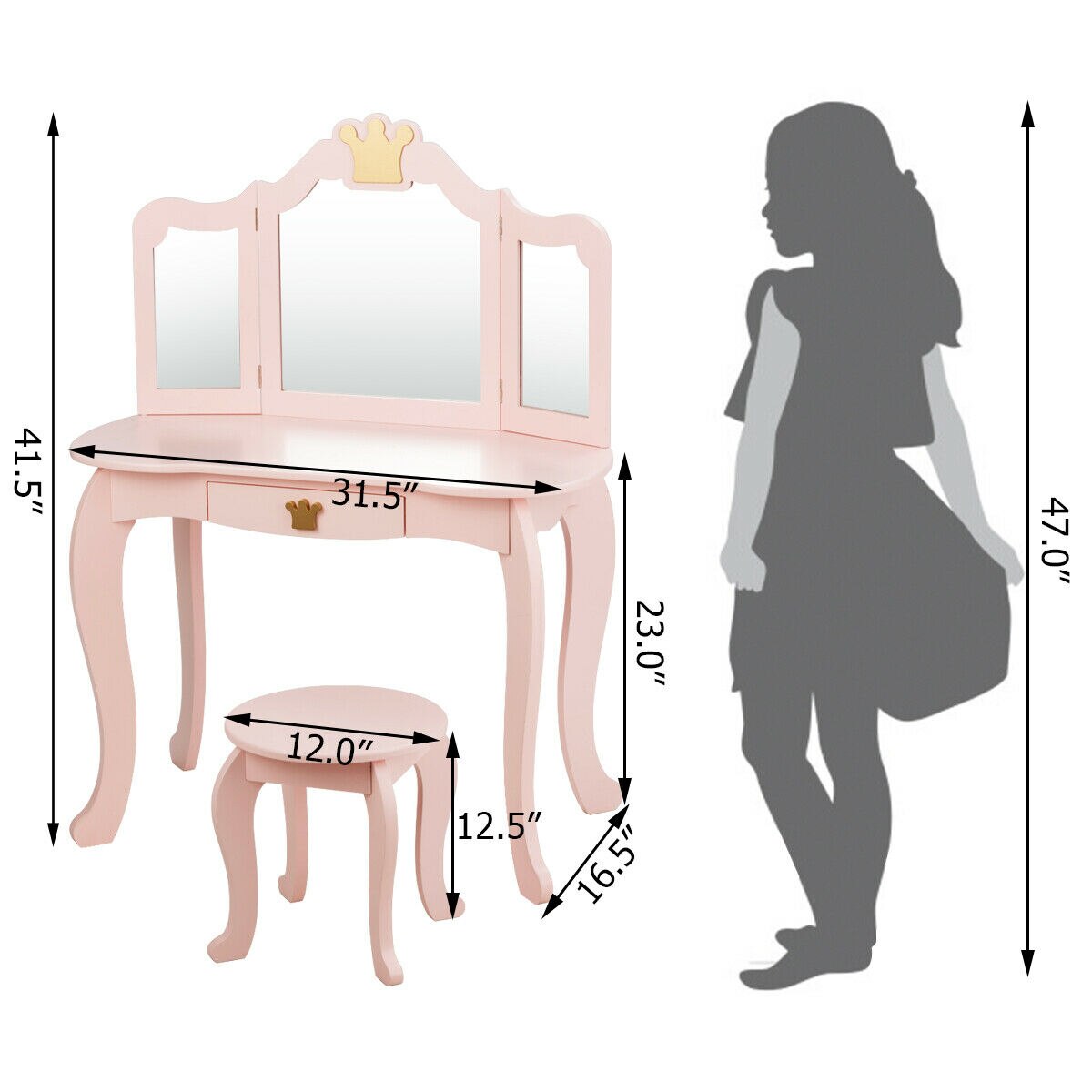 Princess Makeup Dressing Table with Tri-folding Mirror in Pink