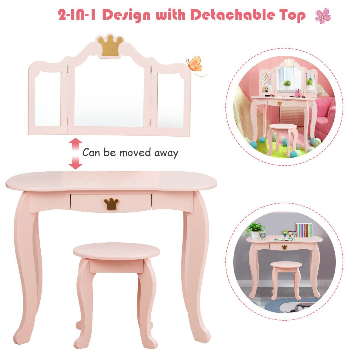 Princess Makeup Dressing Table with Tri-folding Mirror in Pink