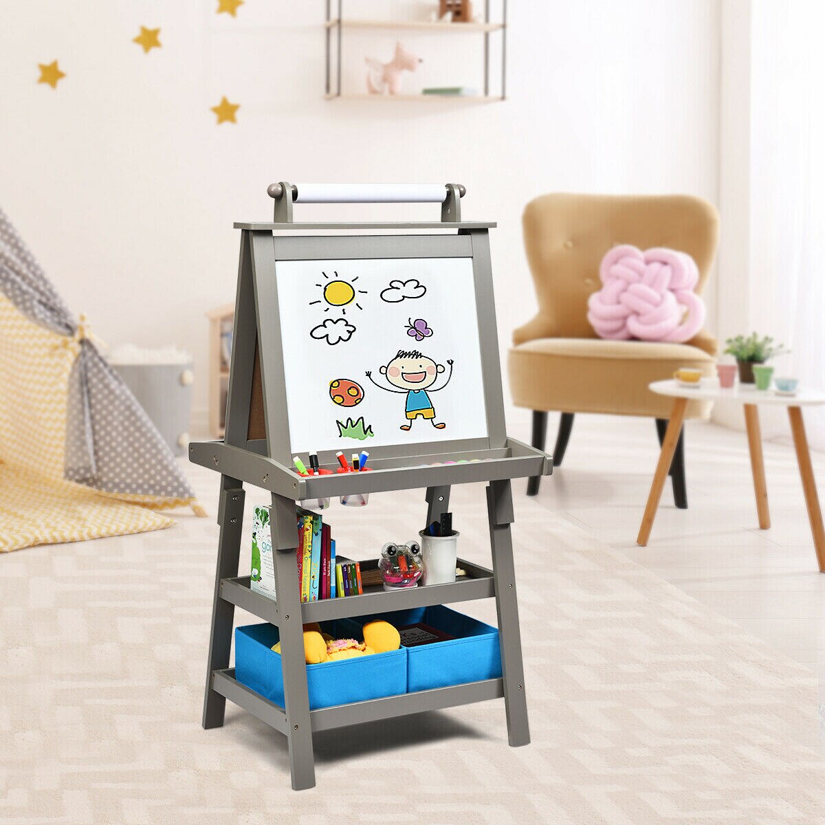 3-in-1 Double-Sided Storage Art Easel with Paint Cups