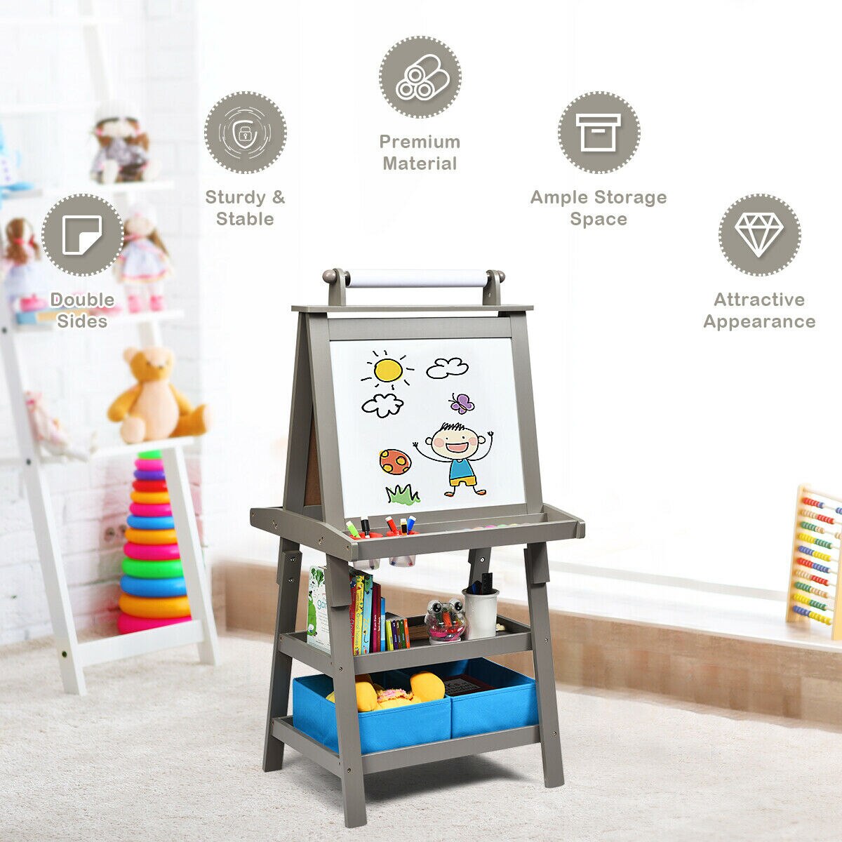 3-in-1 Double-Sided Storage Art Easel with Paint Cups