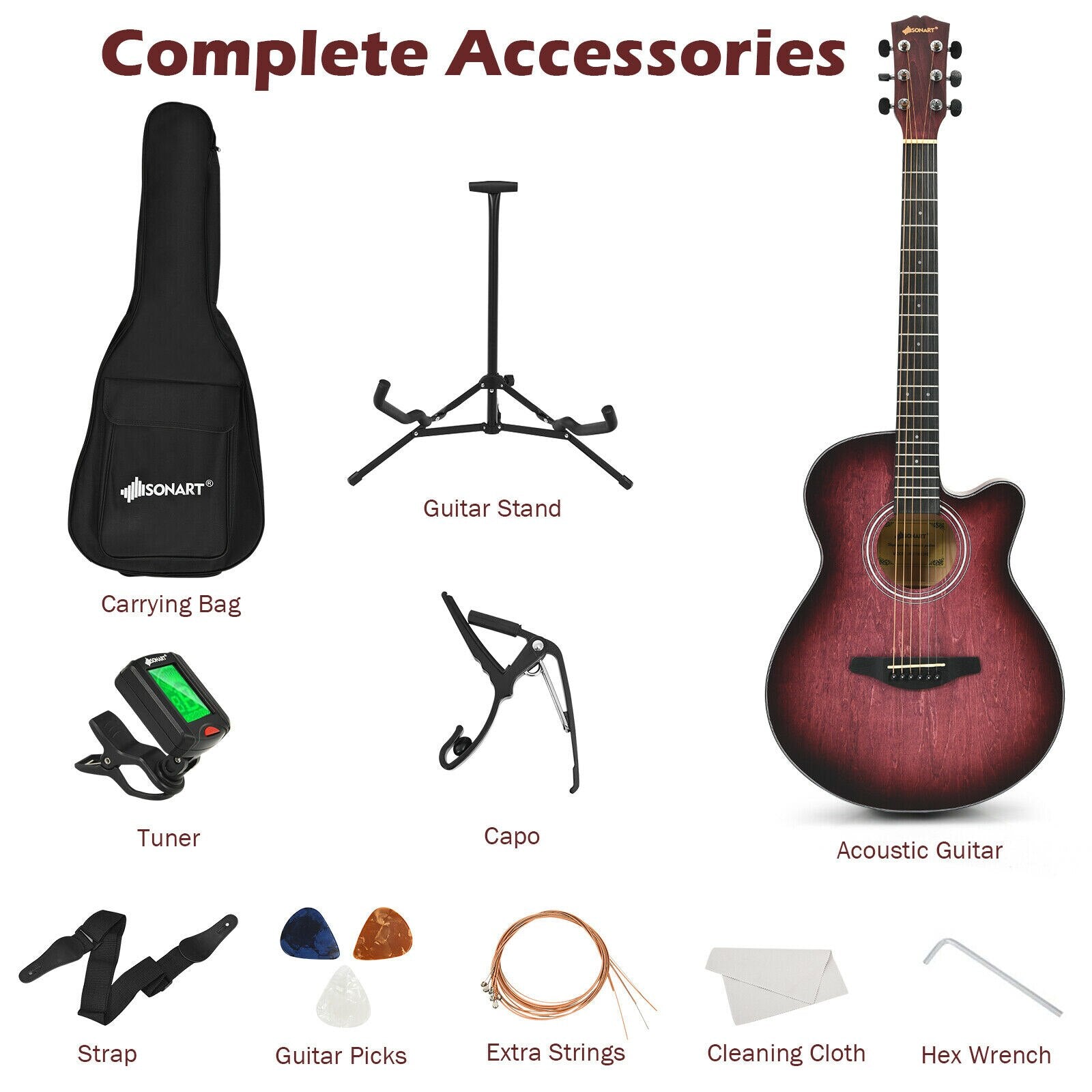 40" Cutaway Acoustic Guitar Starter Bundle Kit in Red