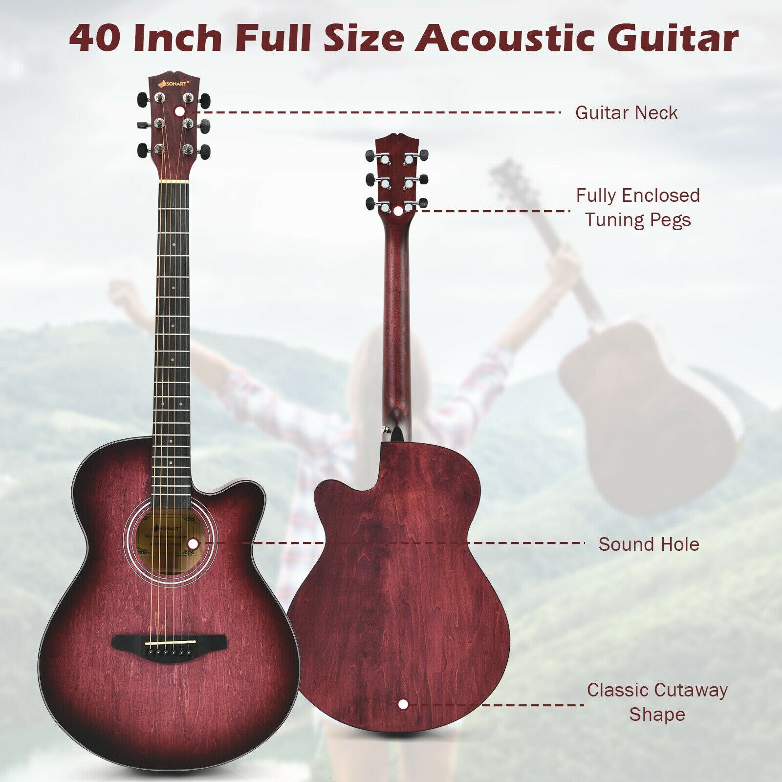 40" Cutaway Acoustic Guitar Starter Bundle Kit in Red