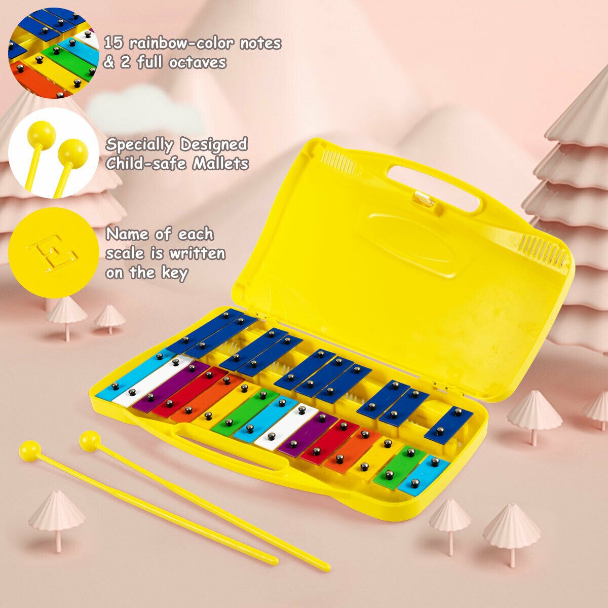 25 Notes Kids Glockenspiel Xylophone in Pink/Yellow/Red