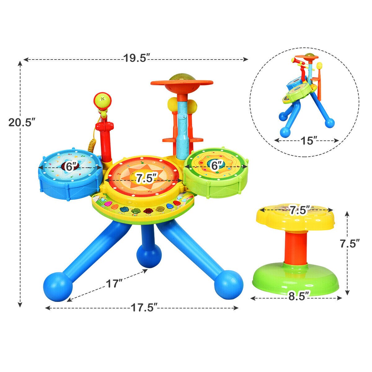 Kids Electric Jazz Drum Set with Stool Mic & LED Light