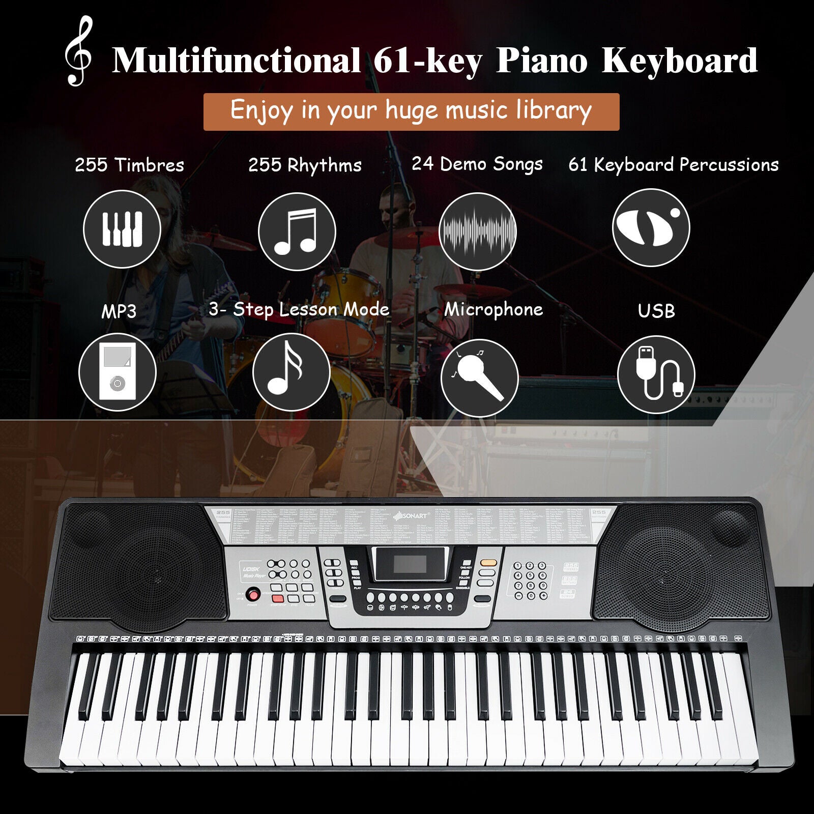 61-Key Electronic Piano Keyboard with Stand, Bench, Headphone and Microphone