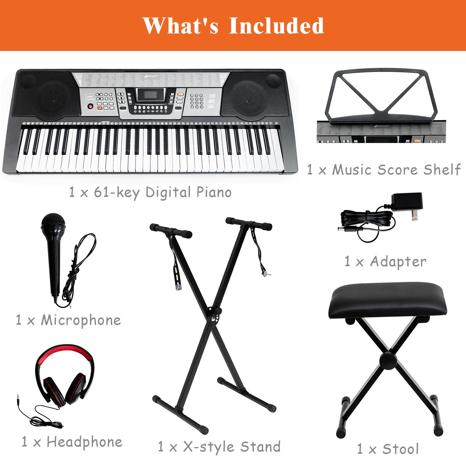 61-Key Electronic Piano Keyboard with Stand, Bench, Headphone and Microphone