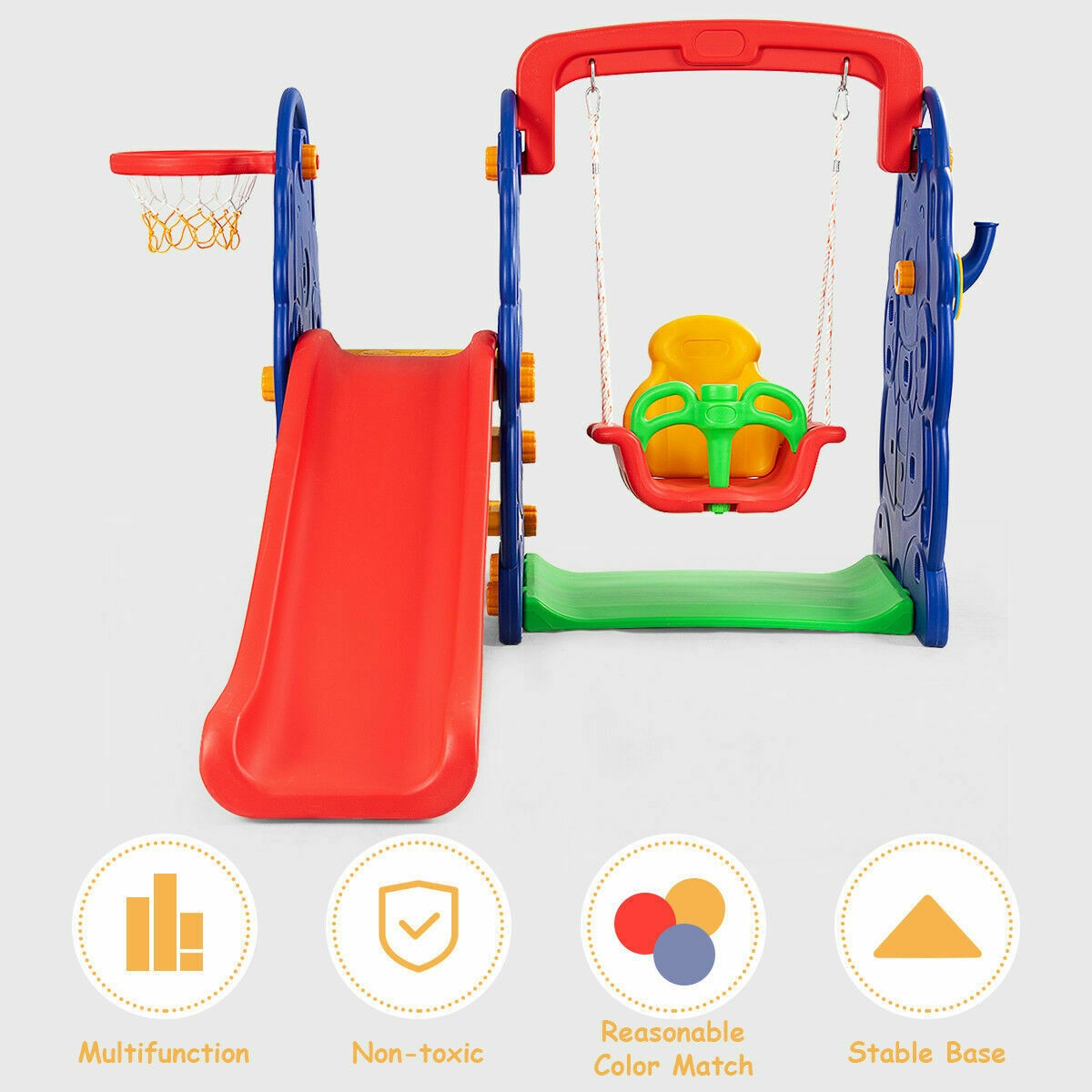 4-in-1 Climber and Swing Set with Basketball Hoop