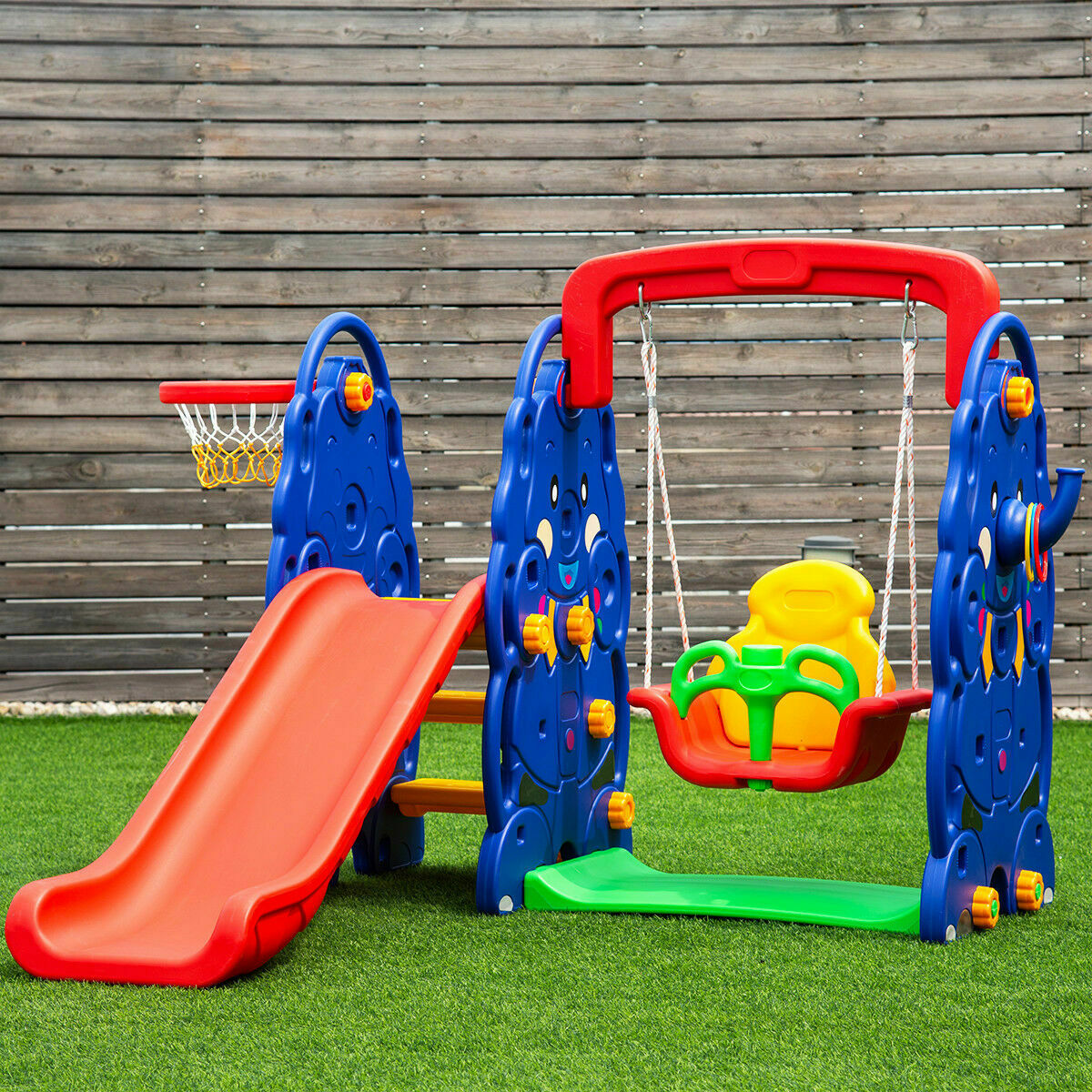 4-in-1 Climber and Swing Set with Basketball Hoop