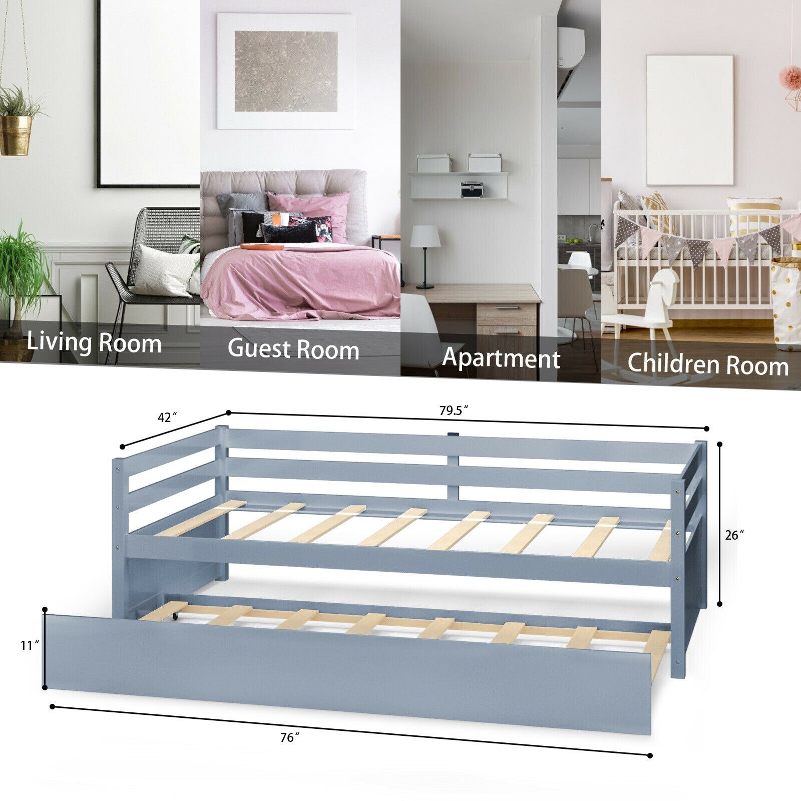 Wooden Twin Size Trundle Daybed