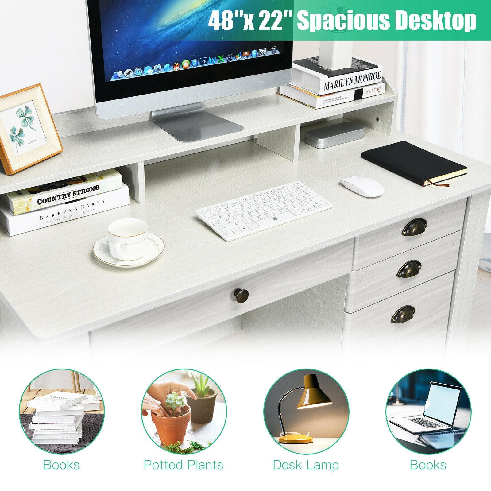 Computer & Laptop Desk with Hutch in White