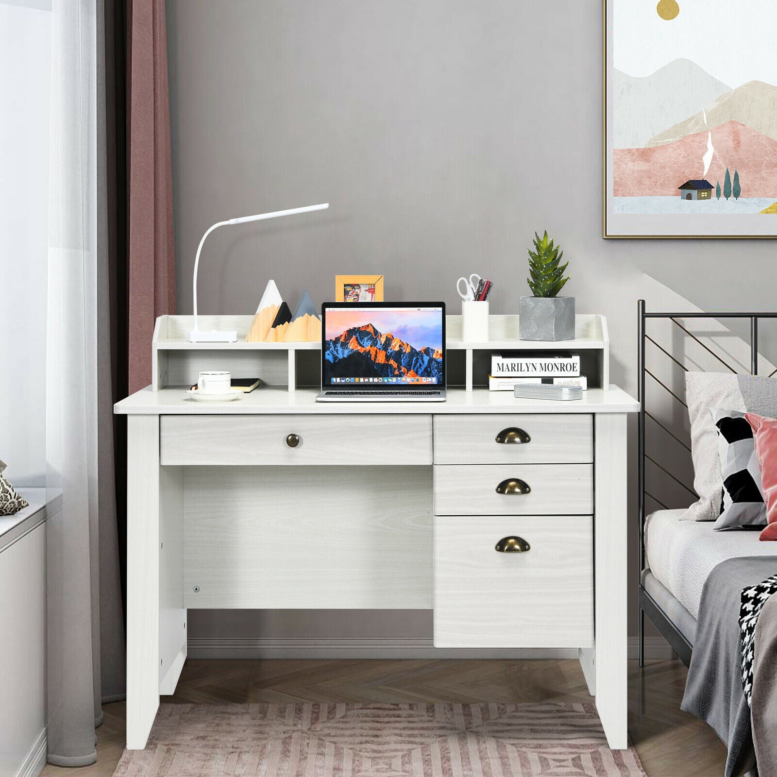 Computer & Laptop Desk with Hutch in White