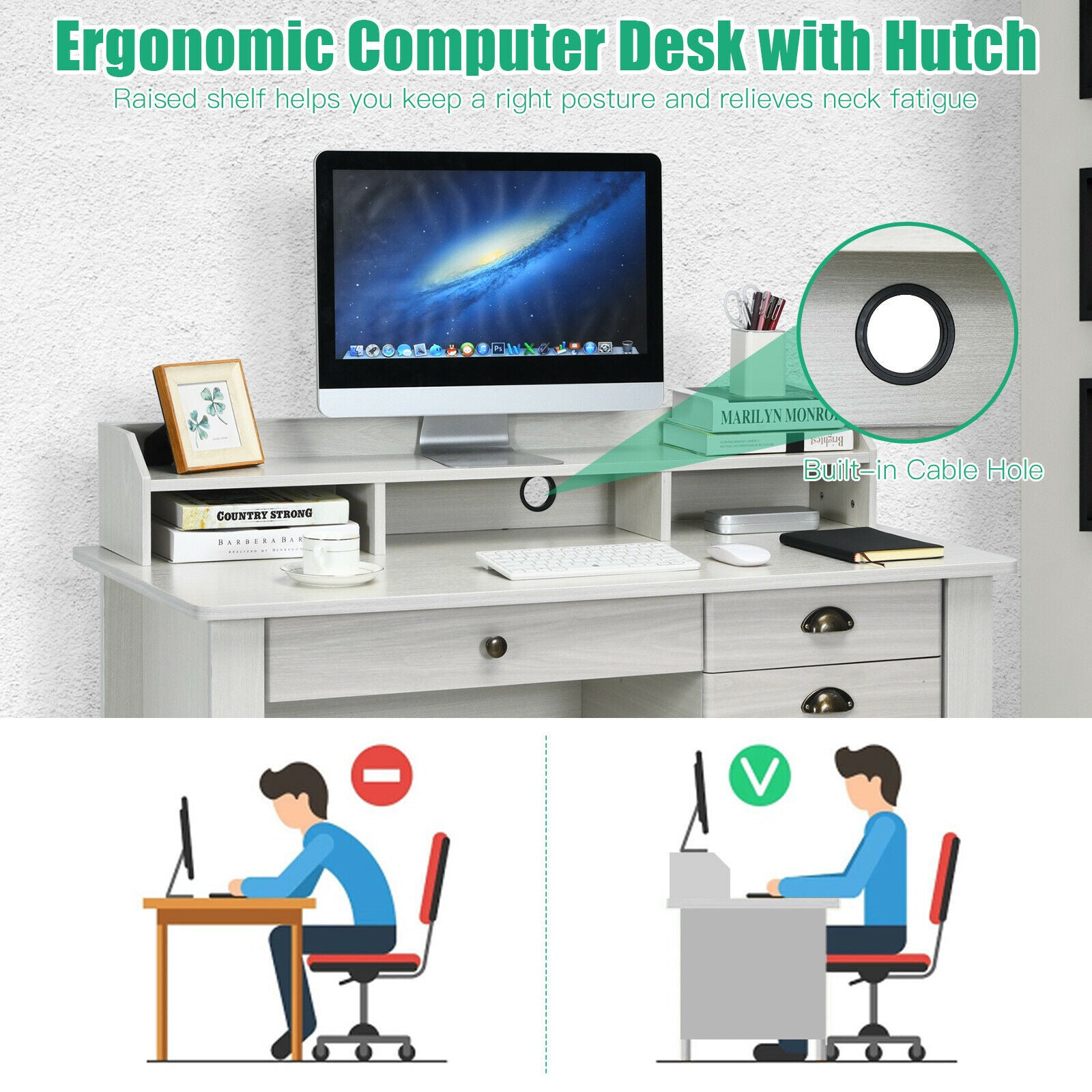 Computer & Laptop Desk with Hutch in White