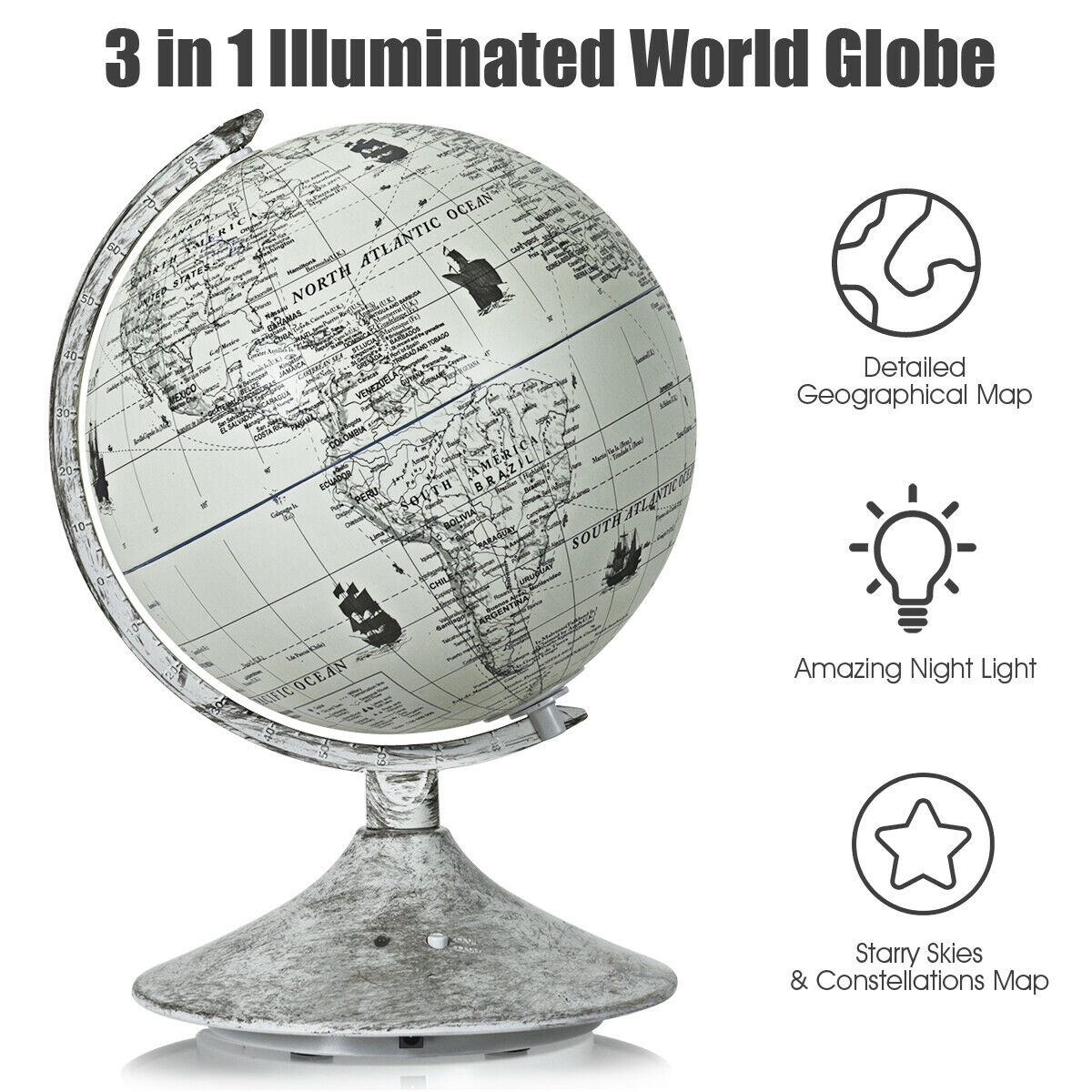 9" 3-in-1 Illuminated World Globe with Star Map