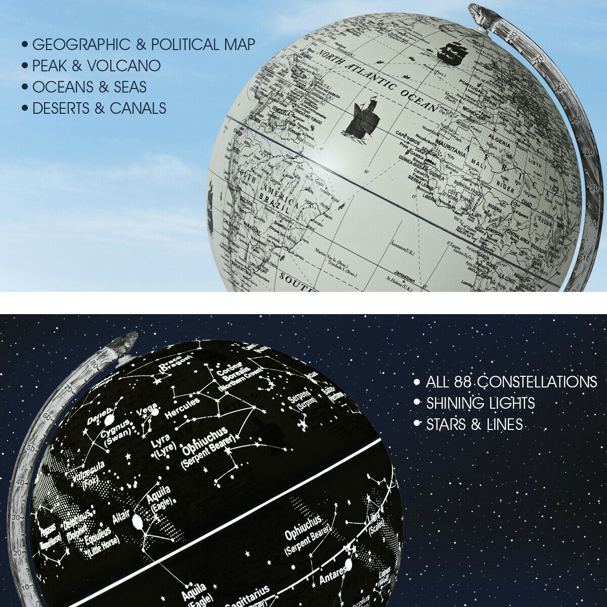 9" 3-in-1 Illuminated World Globe with Star Map