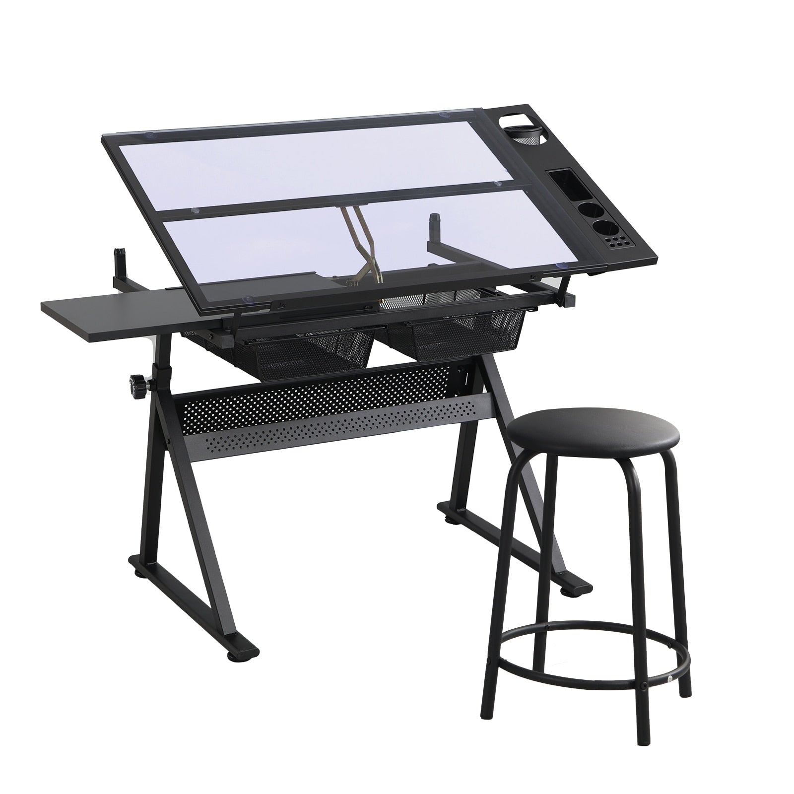 Height Adjustable Glass Top Drafting Table with Storage Drawer and Stool