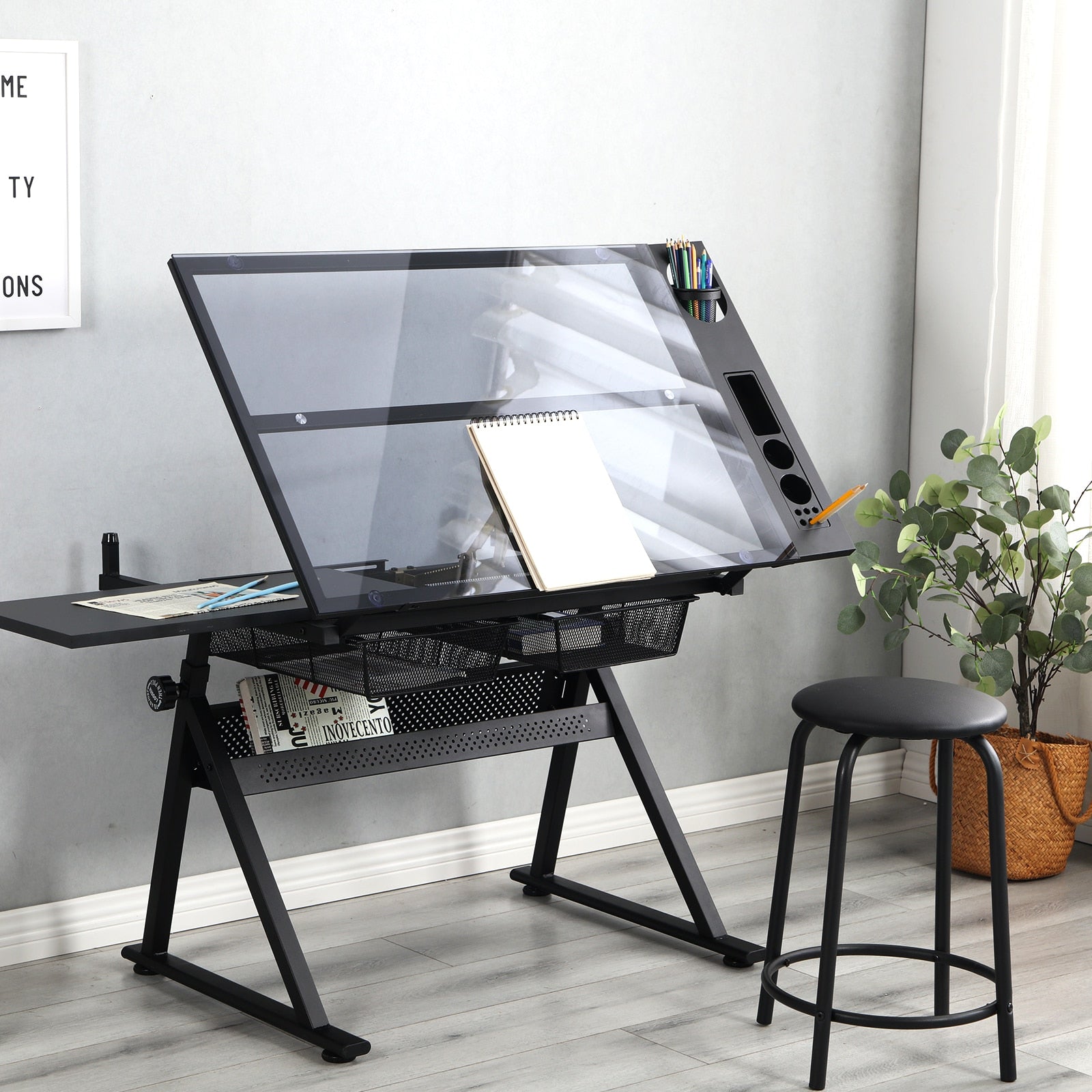 Height Adjustable Glass Top Drafting Table with Storage Drawer and Stool