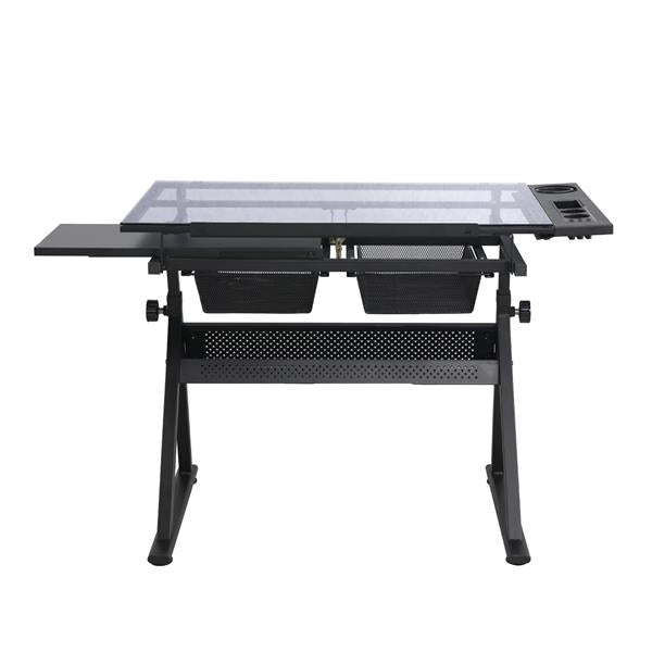 Height Adjustable Glass Top Drafting Table with Storage Drawer and Stool