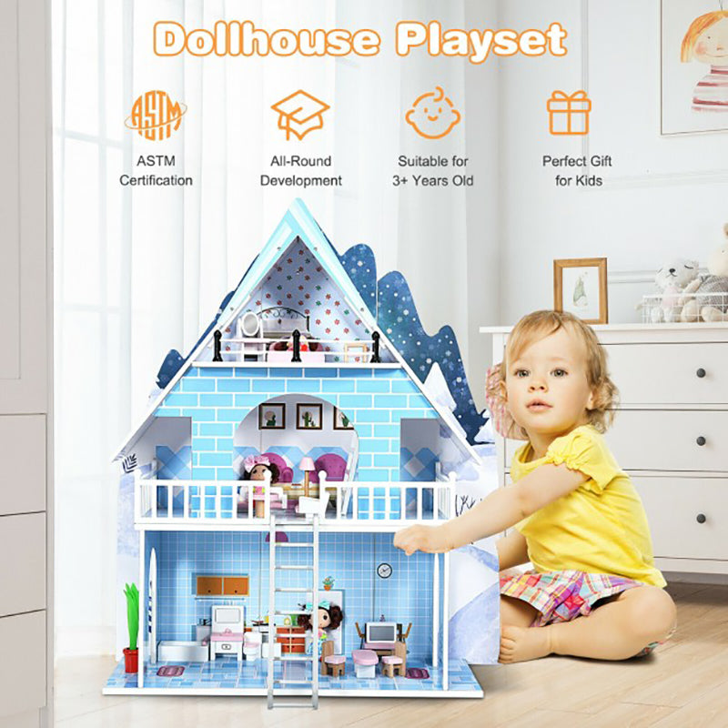 Wooden Dollhouse 3-Story with Furniture and Doll Gift