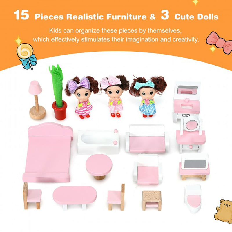 Wooden Dollhouse 3-Story with Furniture and Doll Gift