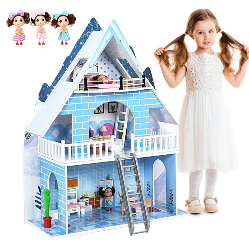 Wooden Dollhouse 3-Story with Furniture and Doll Gift