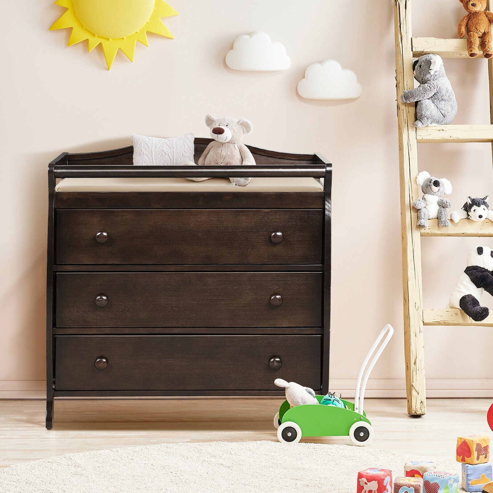 3-Drawer Dresser Changing Table with Safety Belt Guardrails in Brown