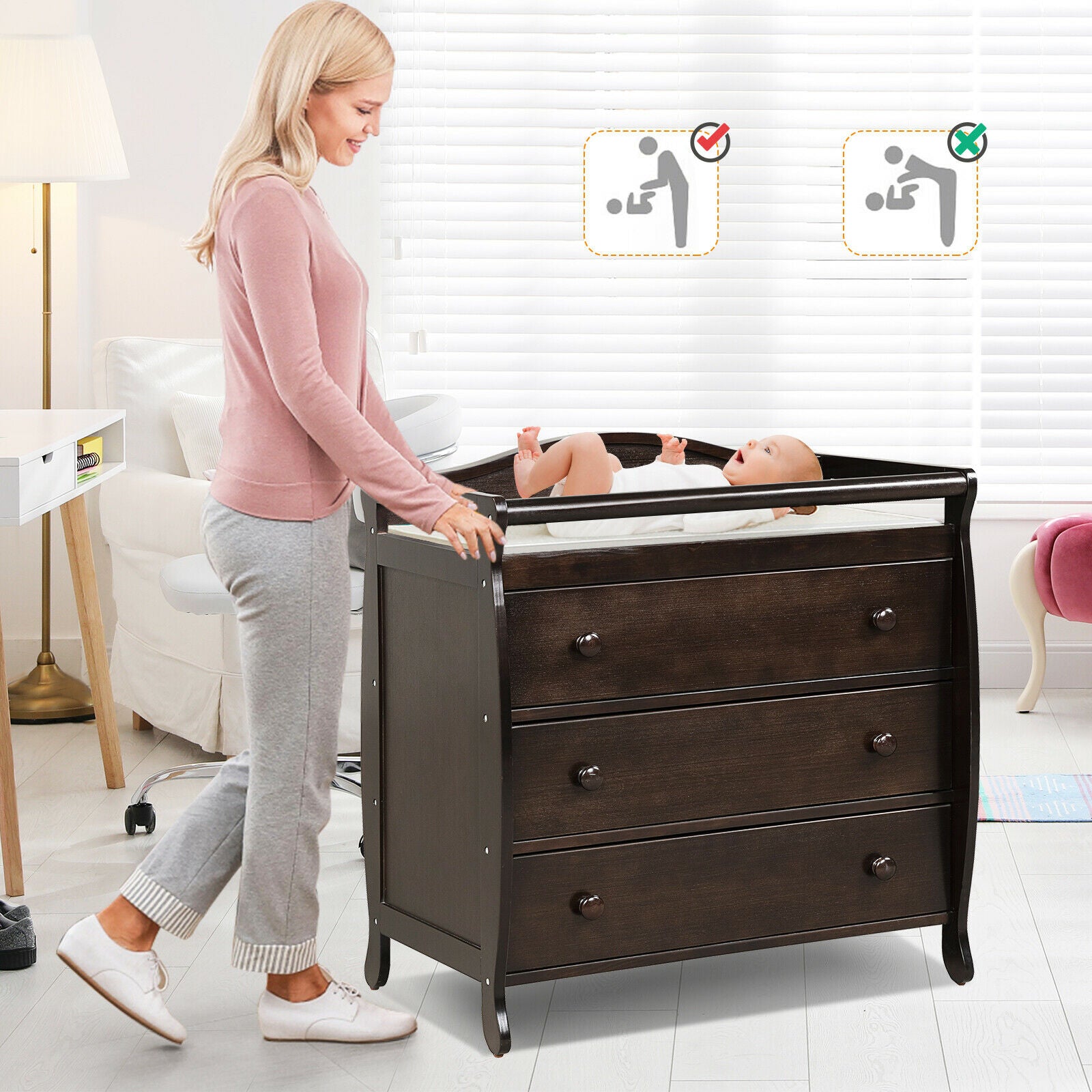 3-Drawer Dresser Changing Table with Safety Belt Guardrails in Brown