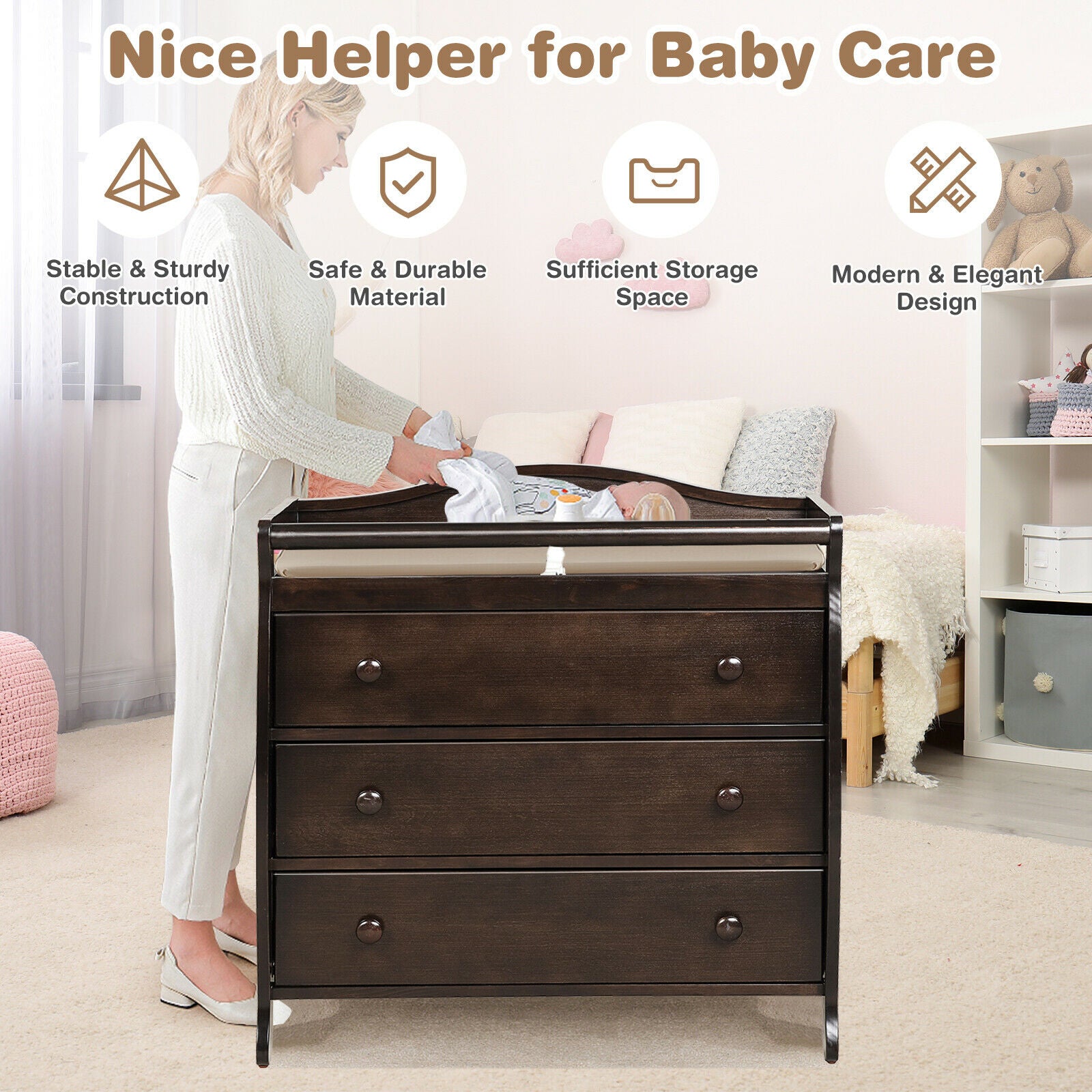 3-Drawer Dresser Changing Table with Safety Belt Guardrails in Brown