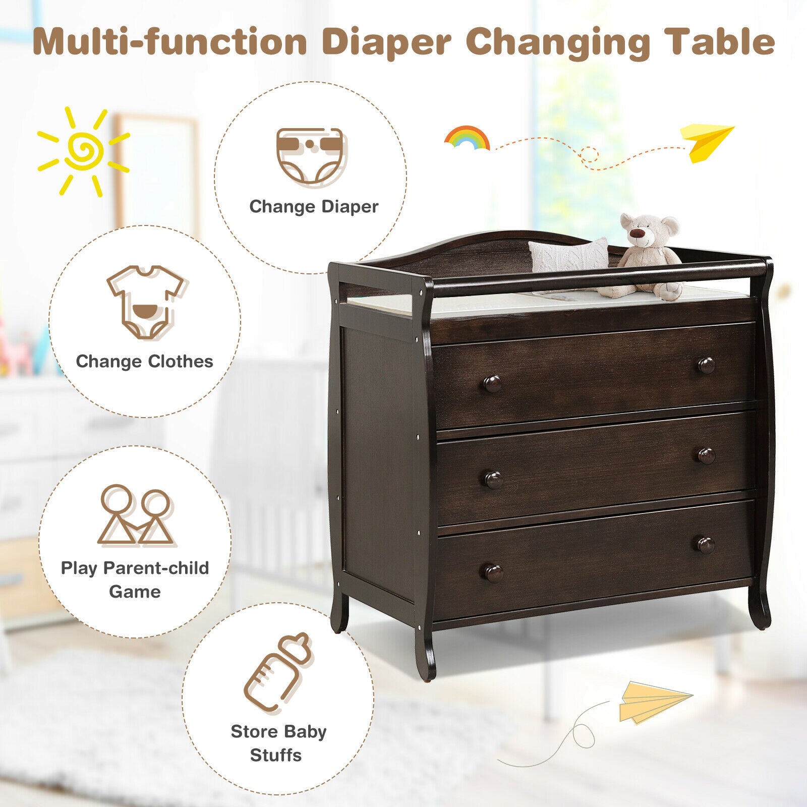 3-Drawer Dresser Changing Table with Safety Belt Guardrails in Brown