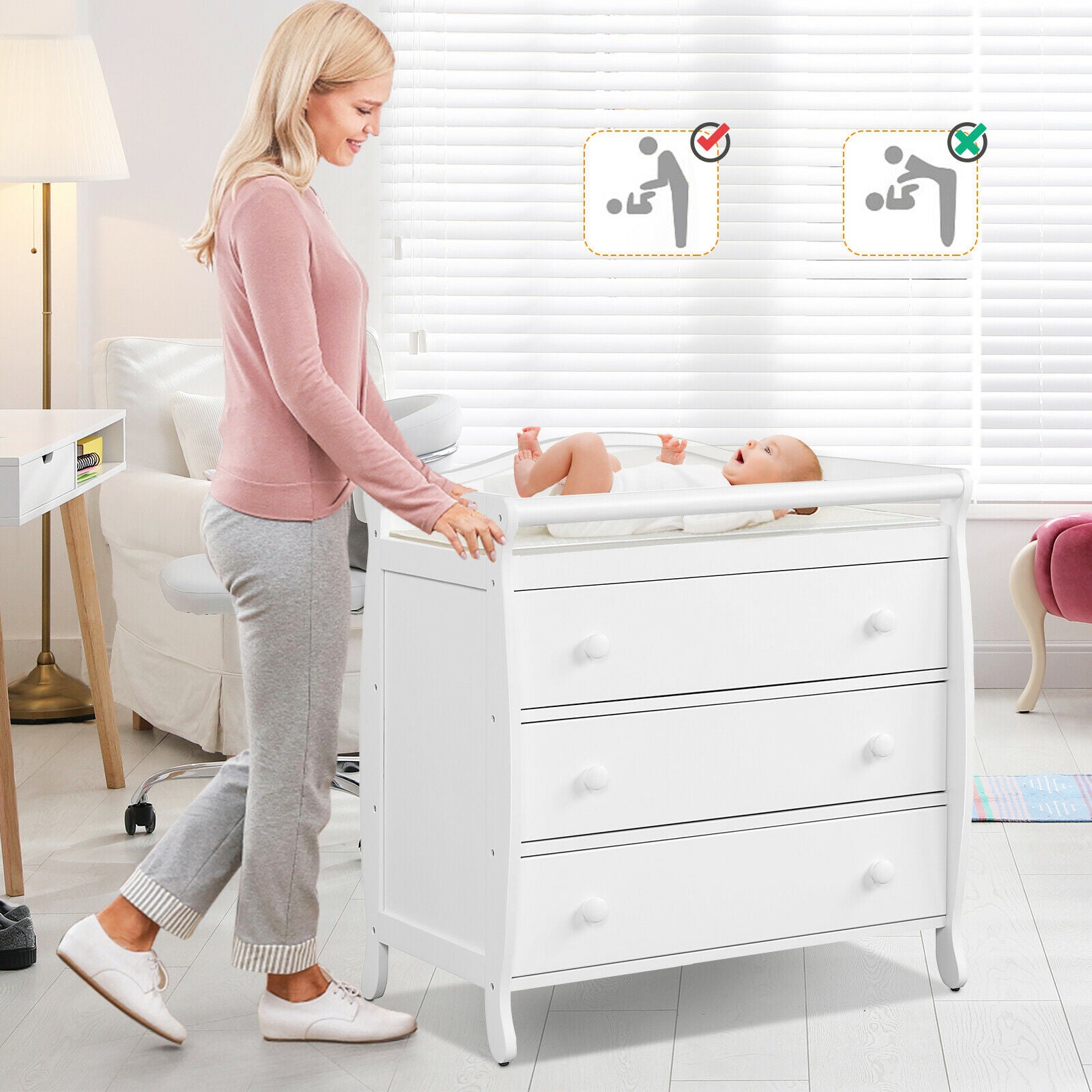 3-Drawer Dresser Changing Table with Safety Belt Guardrails in White