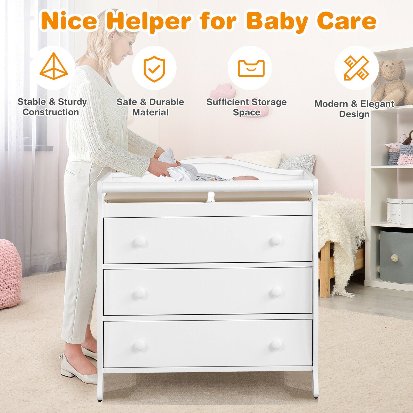 3-Drawer Dresser Changing Table with Safety Belt Guardrails in White