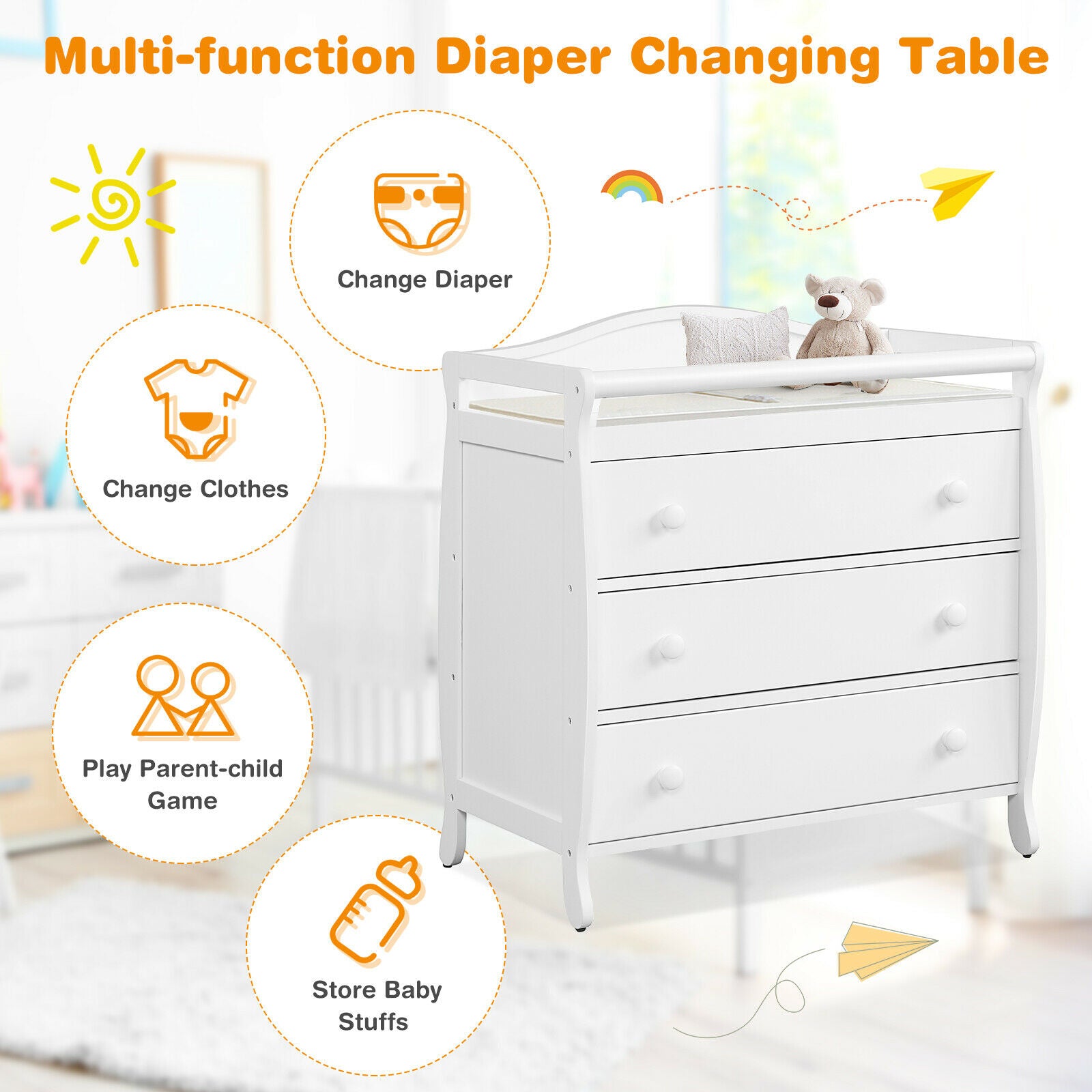 3-Drawer Dresser Changing Table with Safety Belt Guardrails in White