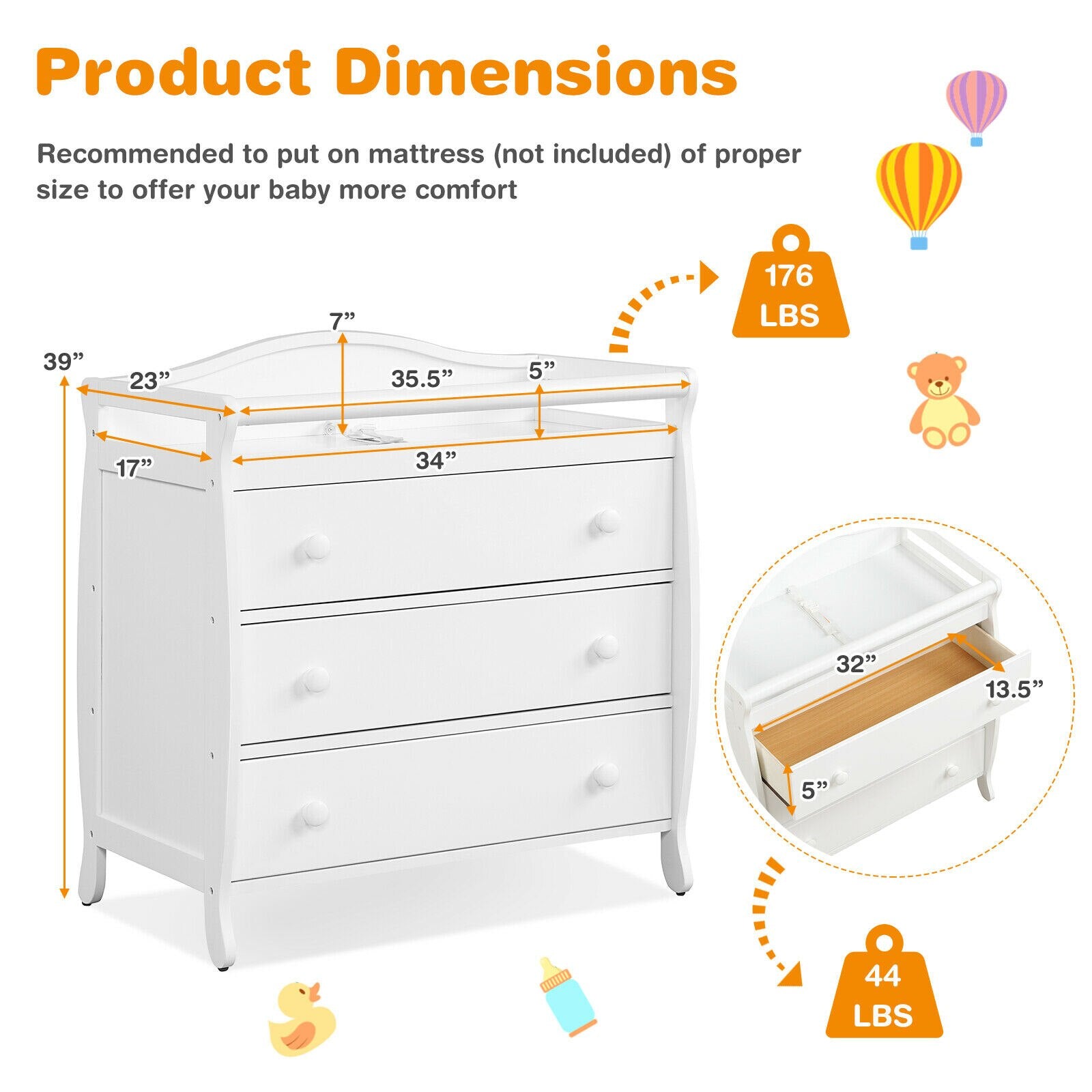 3-Drawer Dresser Changing Table with Safety Belt Guardrails in White